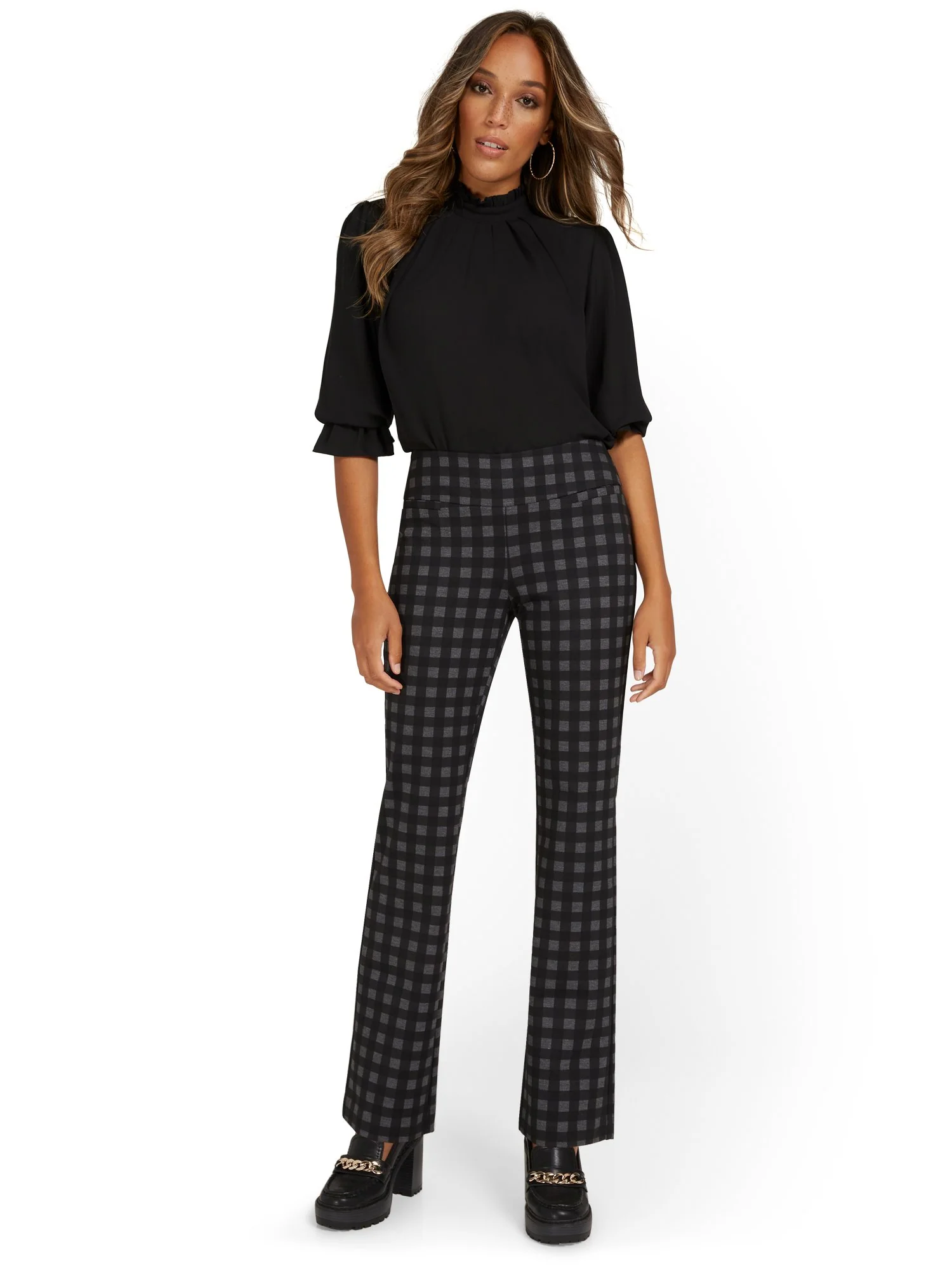Petite Pull-On Check-Print Bootcut Ponte Pant - Superflex - Image 3