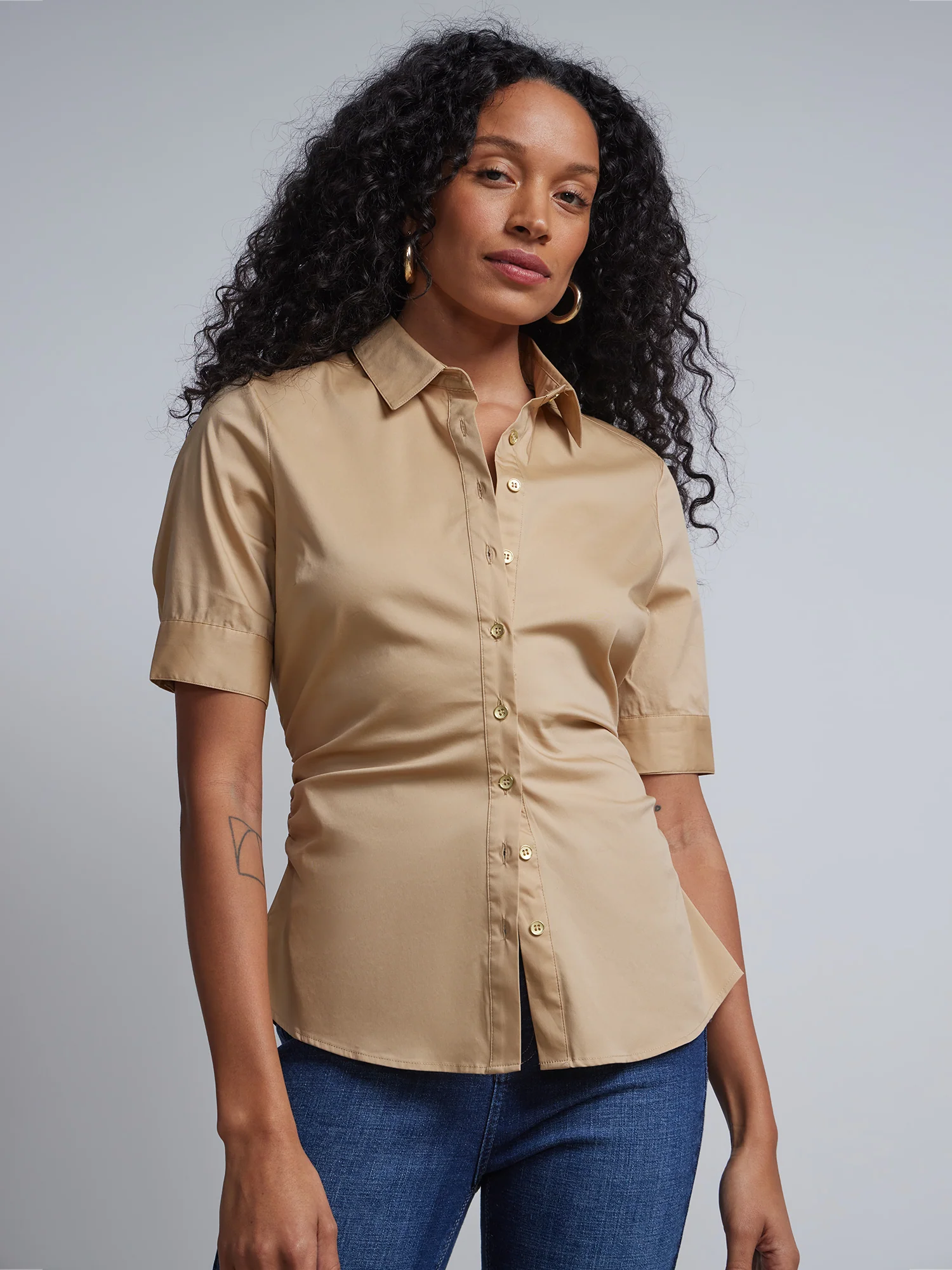 Petite Short-Sleeve Metal Button-Front Secret Snap - NY&C Madison Shirt® - Image 25
