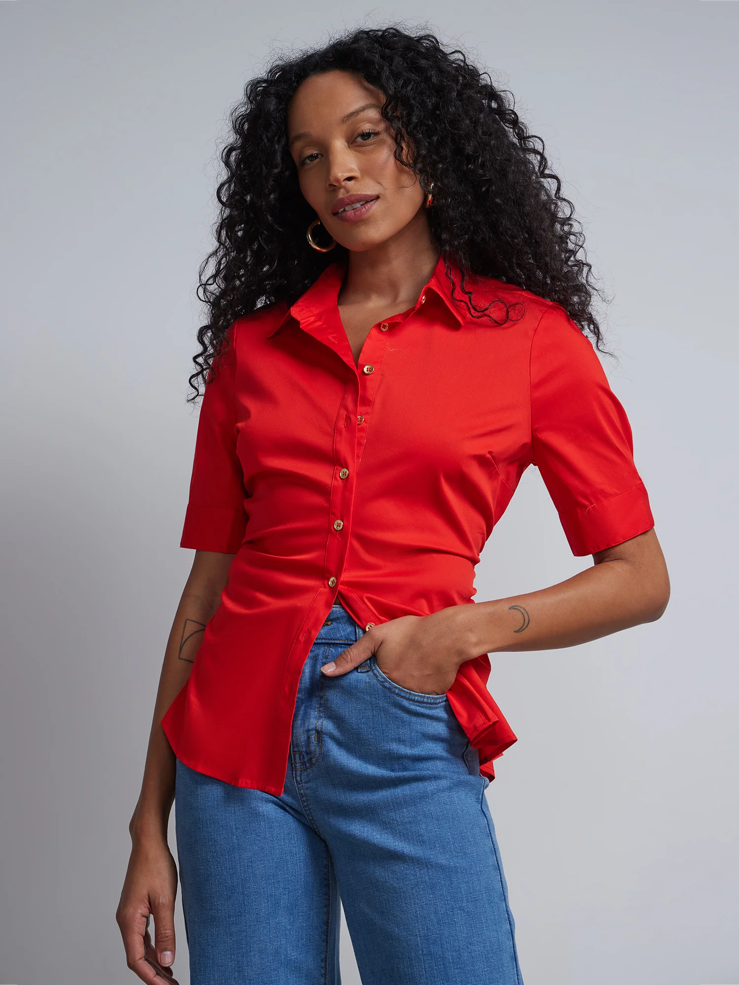 Petite Short-Sleeve Metal Button-Front Secret Snap - NY&C Madison Shirt® - Image 9