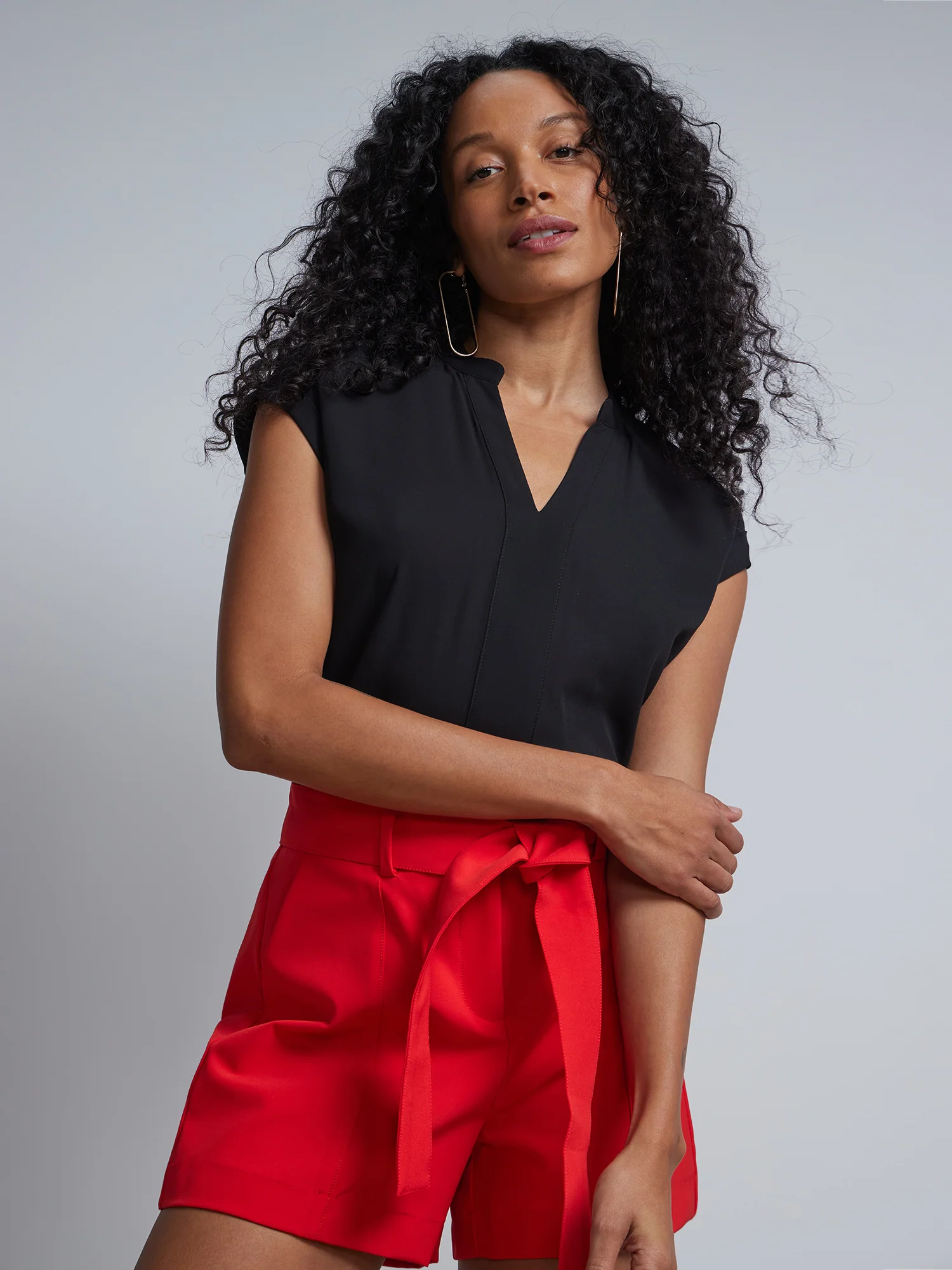 Petite Split-Neck Cuffed Blouse