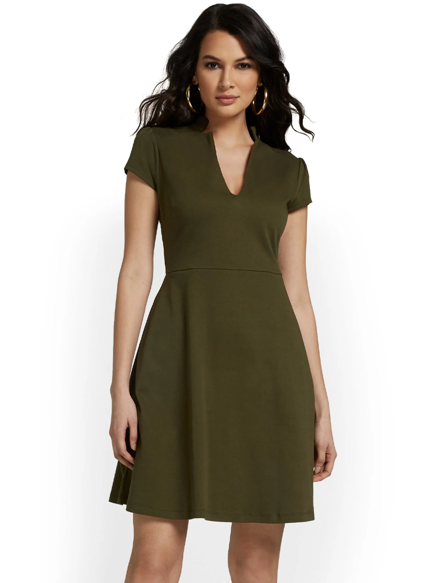 Petite Split-Neck Puff-Sleeve Flare Dress - City Knits - Image 10