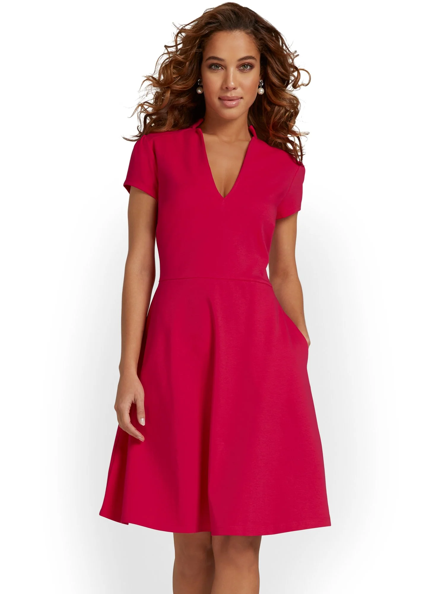 Petite Split-Neck Puff-Sleeve Flare Dress - City Knits - Image 5