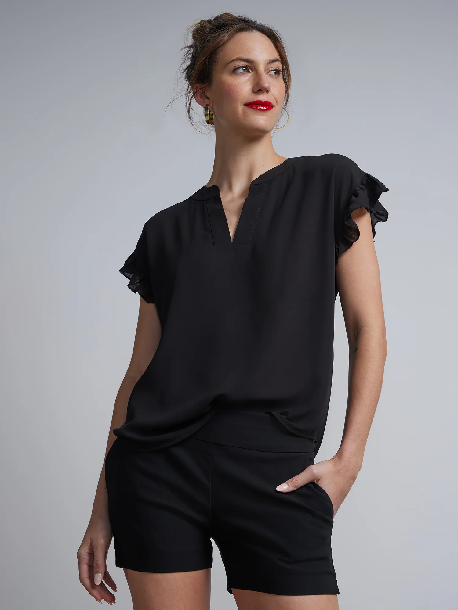 Petite Split-Neck Ruffle-Sleeve Blouse