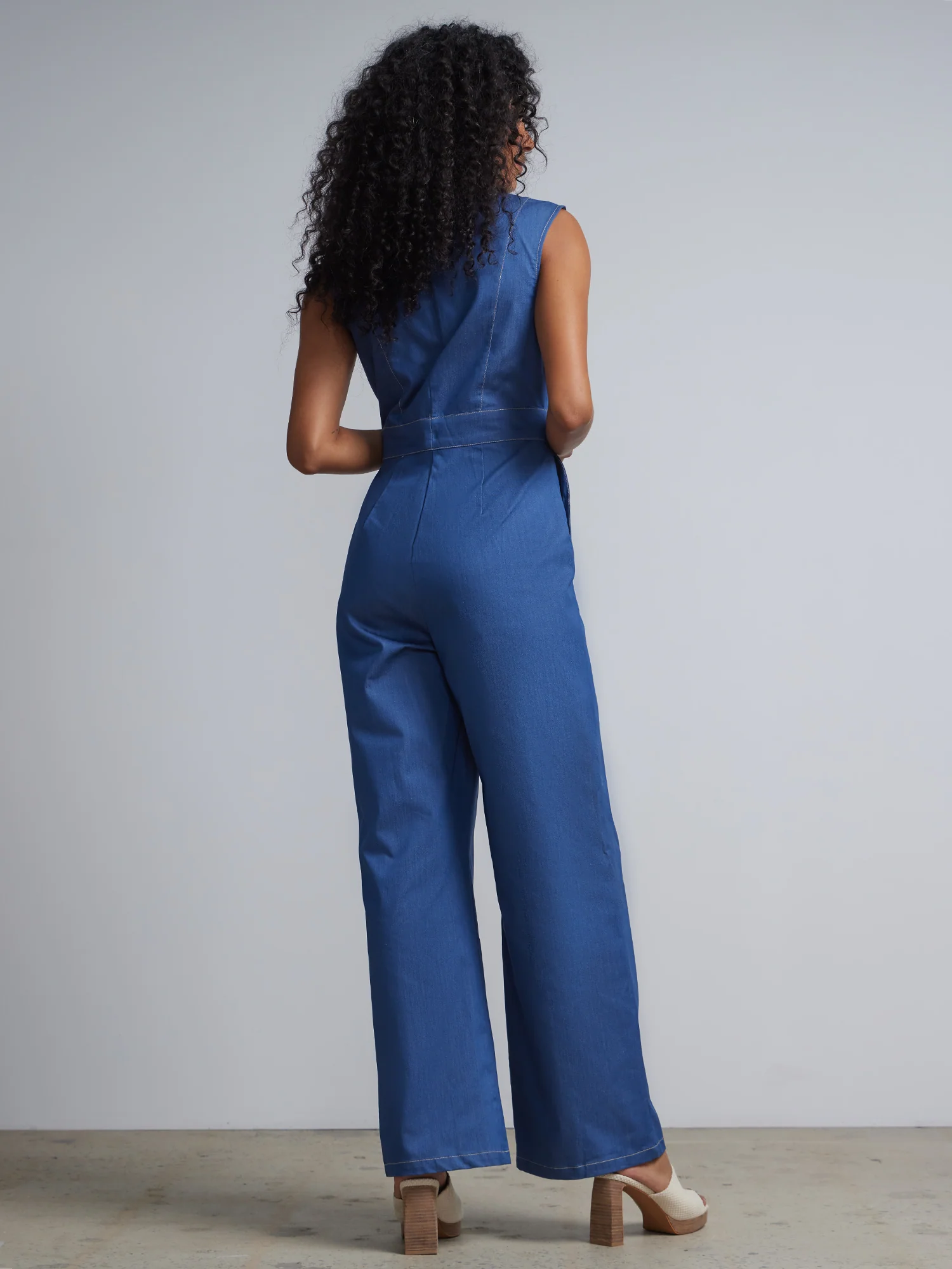 Petite V-Neck Button-Front Jumpsuit - Image 3