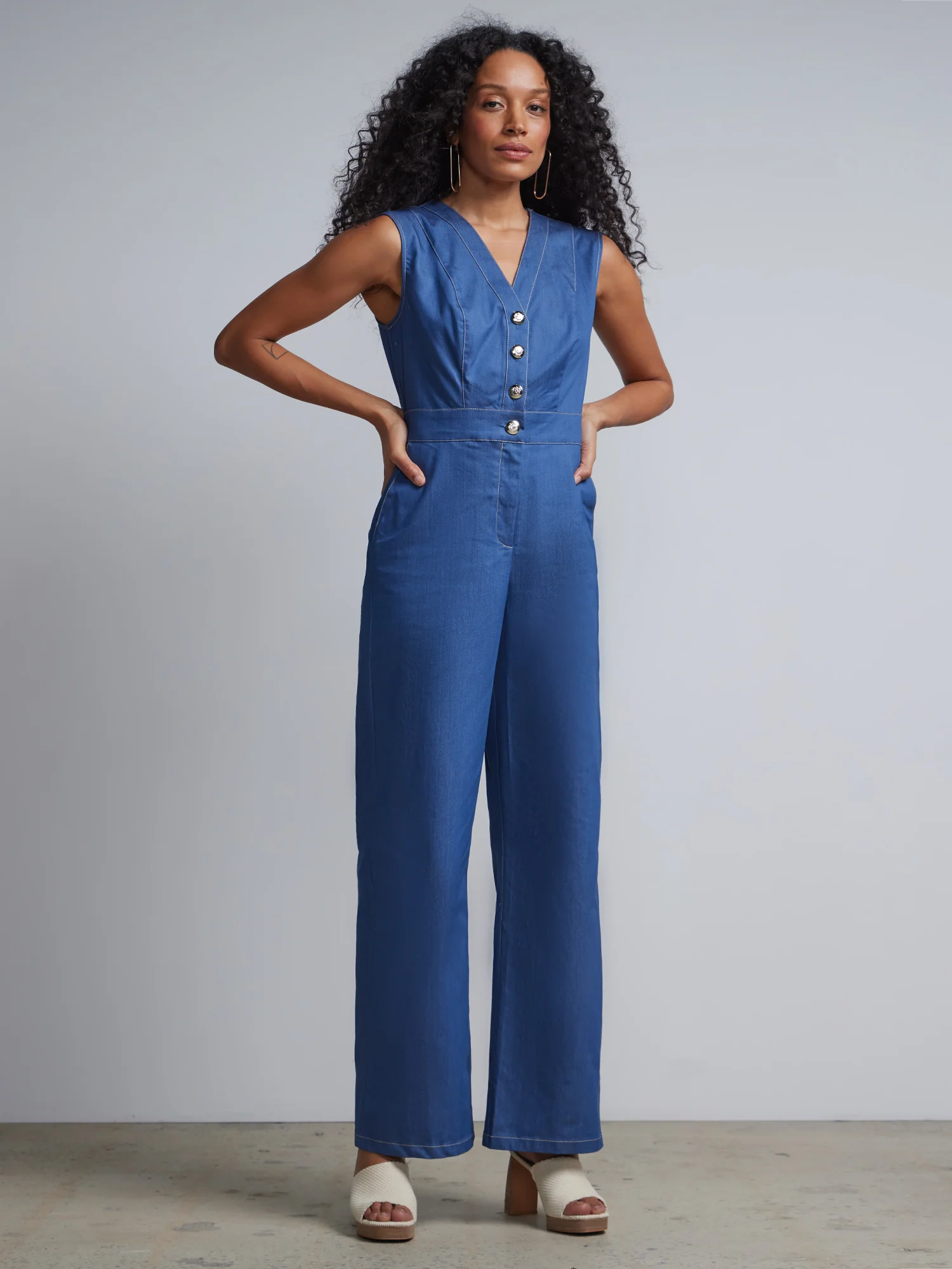Petite V-Neck Button-Front Jumpsuit - Image 4