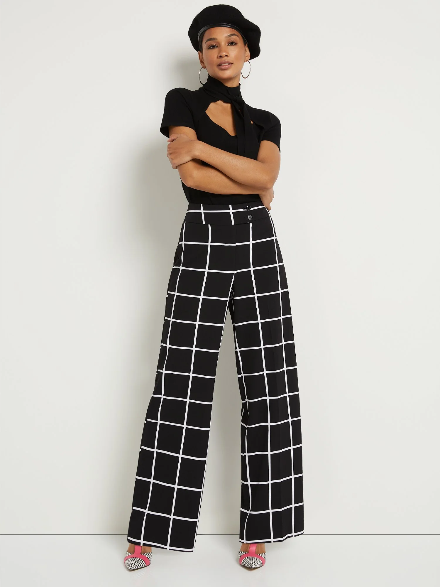 Petite Windowpane-Print Button-Tab Wide-Leg Pant - Image 4