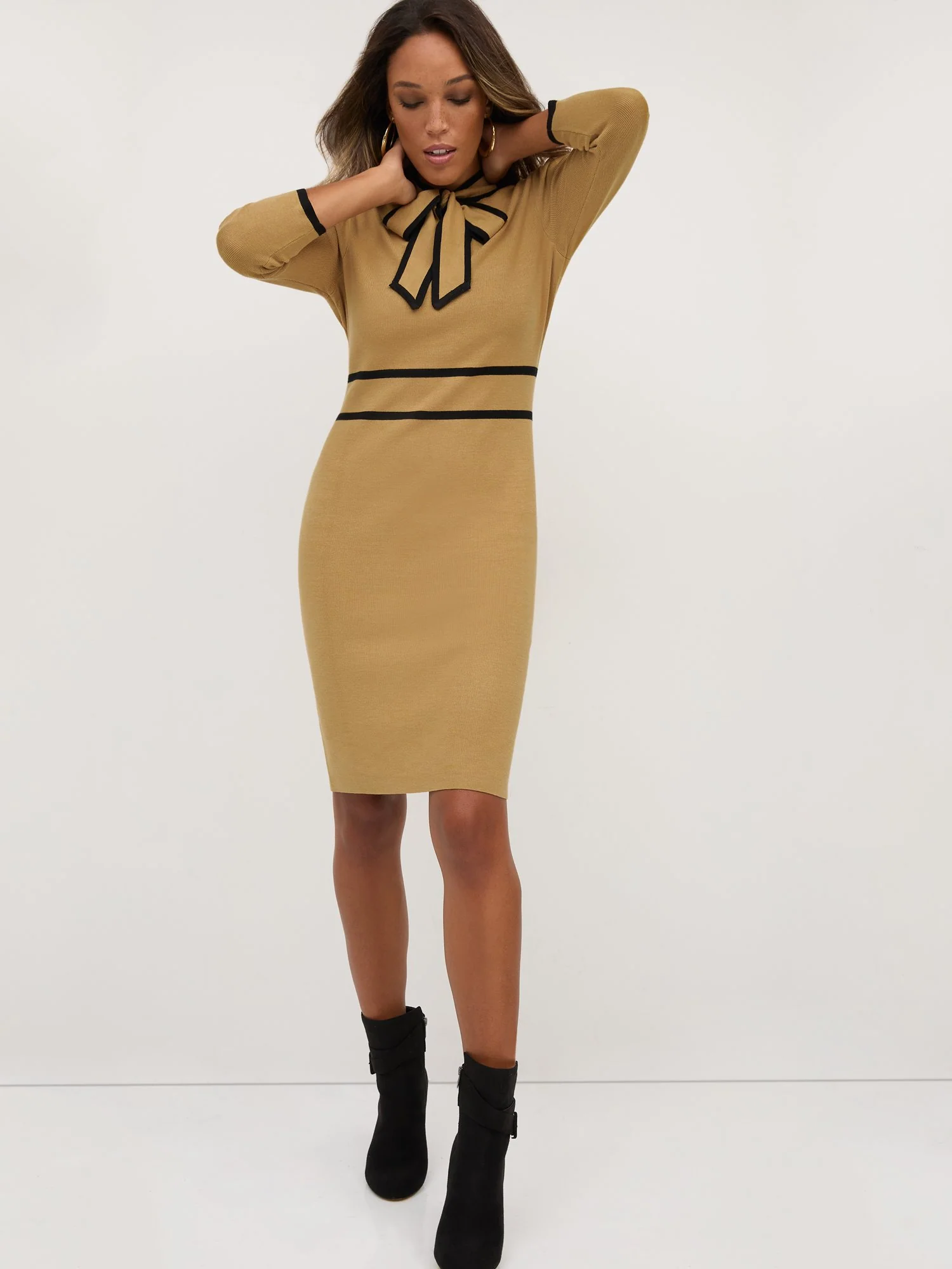 Piped Bow-Neck Sweater Dress - Image 11