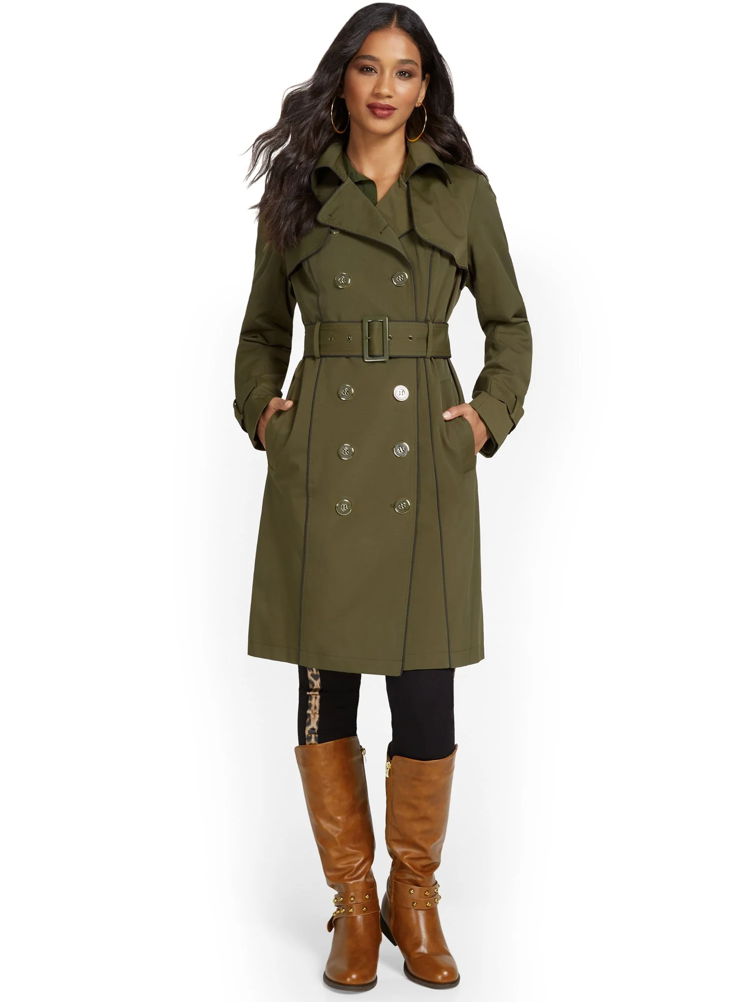 Piped Military Belted Trenchcoat - City Trench Collection - Image 11