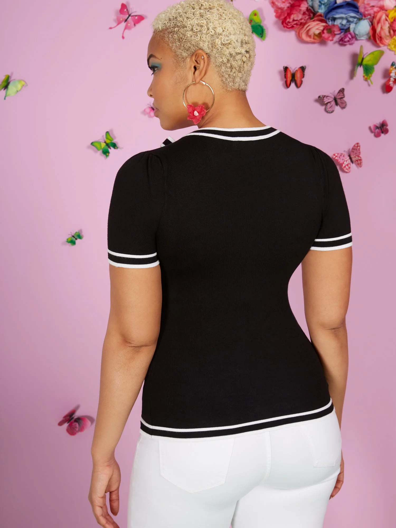 Piped Short-Sleeve Tie-Neck Sweater - Image 3