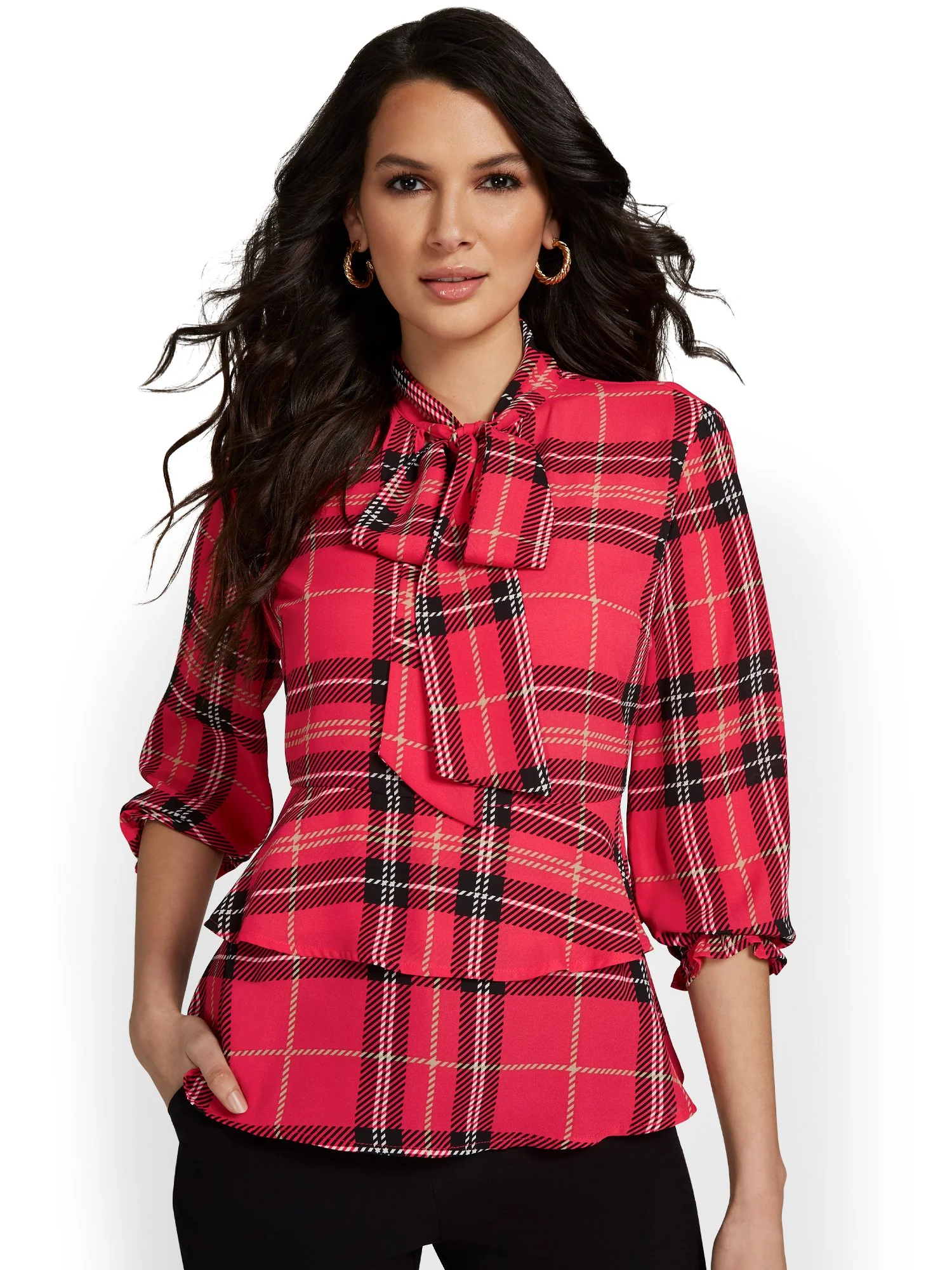 Plaid Bow-Front Babydoll Blouse - Image 4