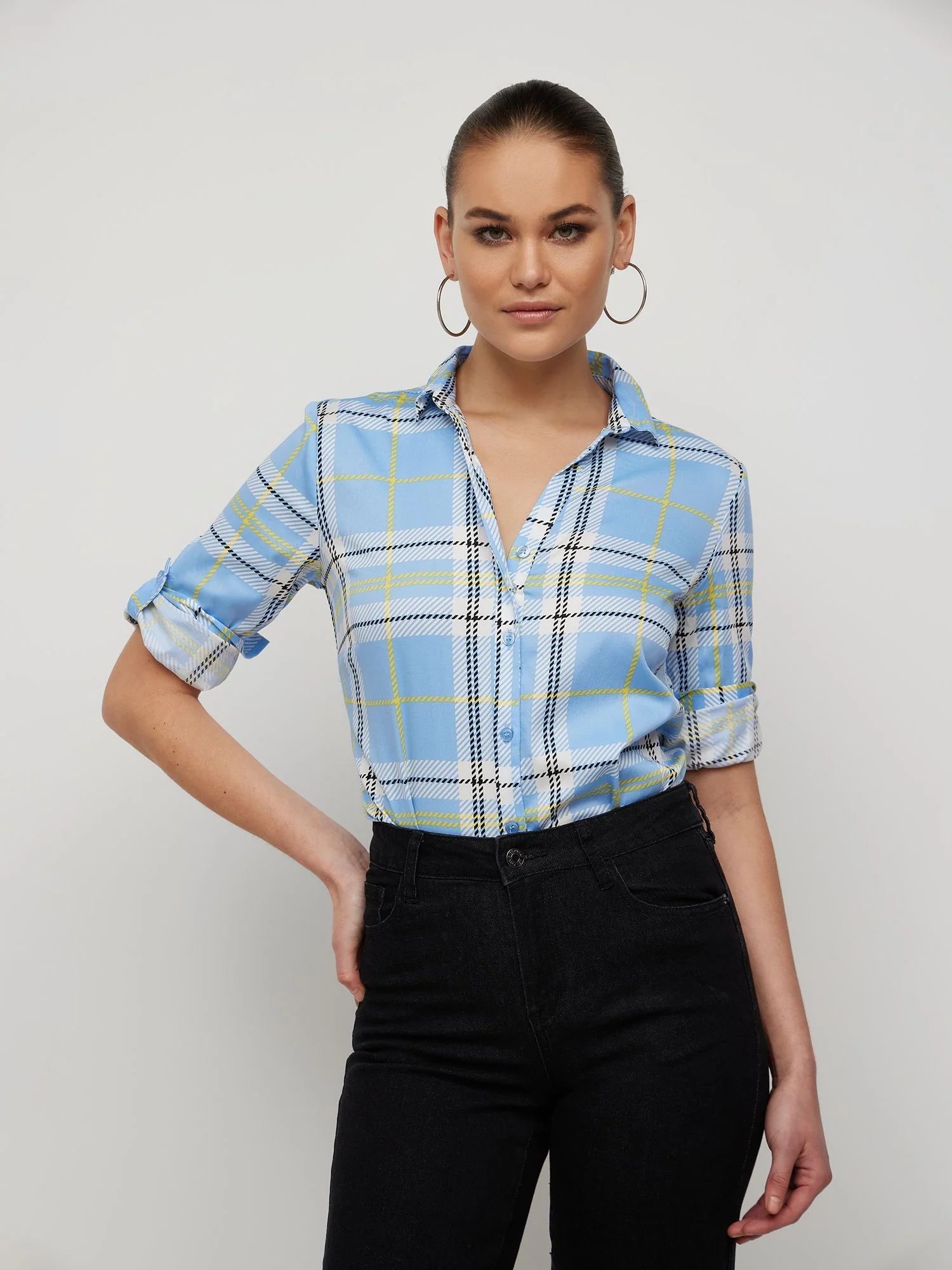 Plaid Button-Front Secret Snap - NY&C Madison Shirt® - Image 2