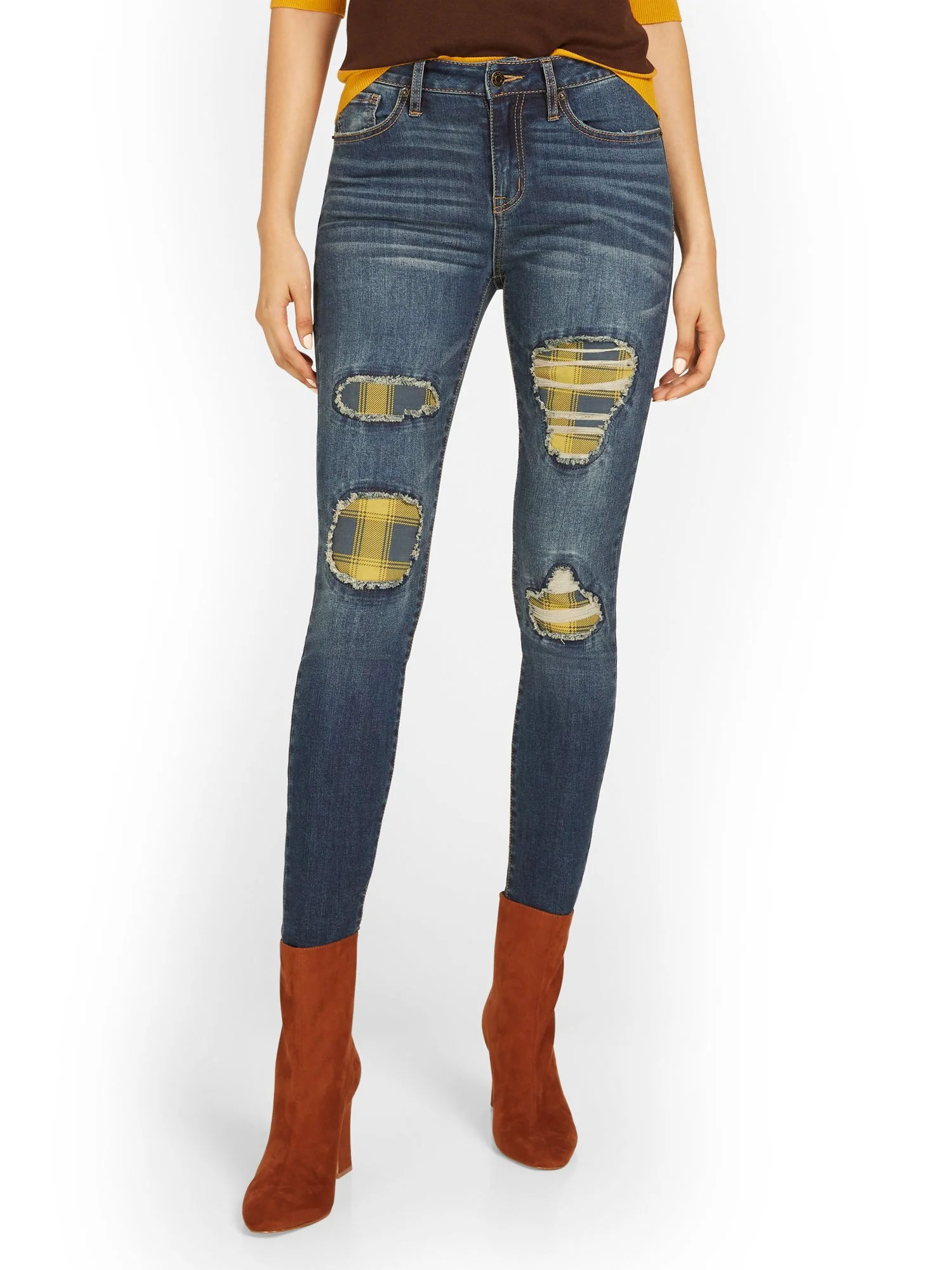Plaid-Detail Distressed Super-Skinny Jeans