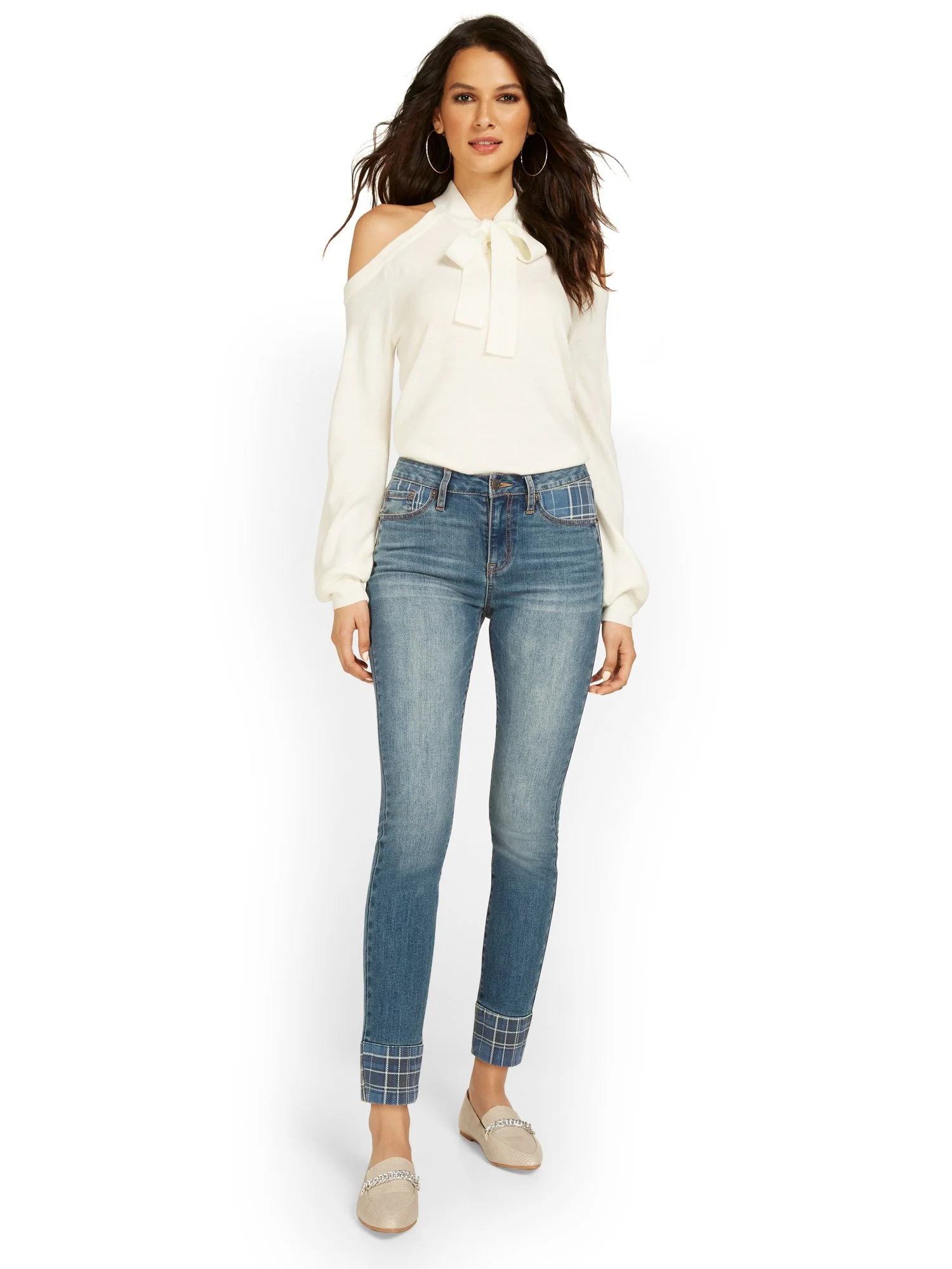 Plaid-Detail Super-Skinny Ankle Jeans - Image 5