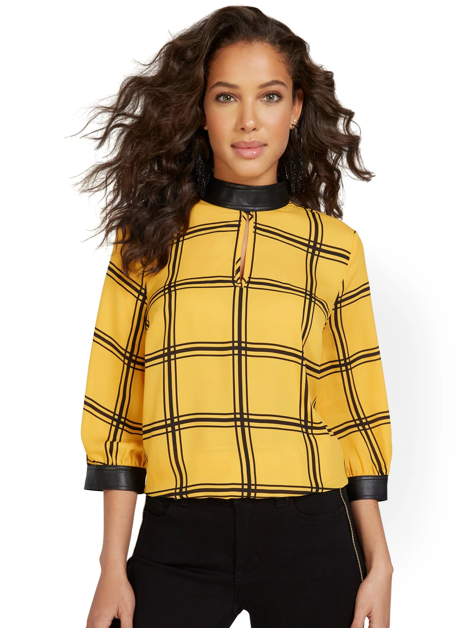 Plaid Faux-Leather Trim Mock-Neck Blouse