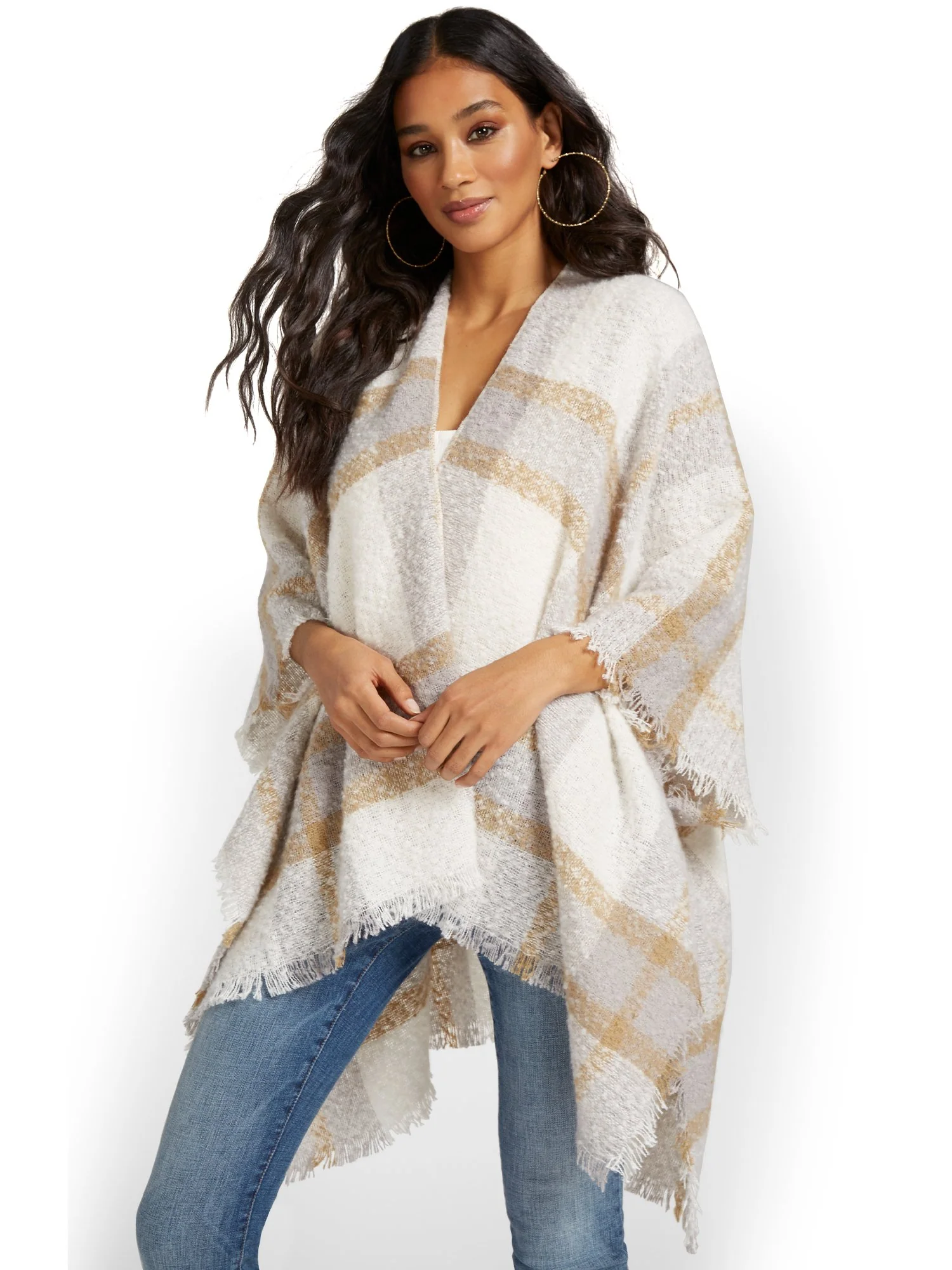 Grey & Ivory Plaid Fringe Wrap - Brands We Love - Image 2