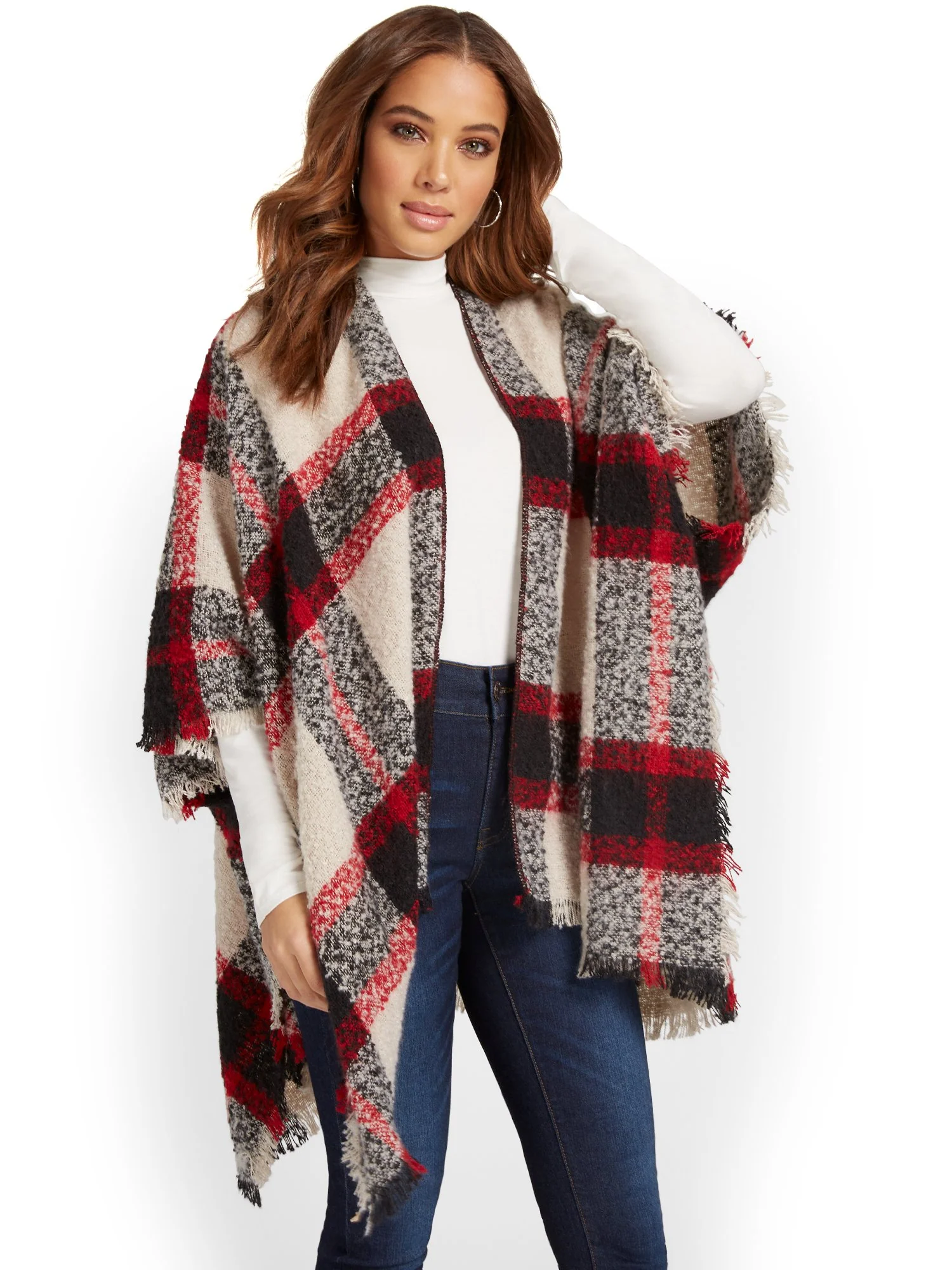 Red & Grey Plaid Fringe Wrap - Brands We Love - Image 2