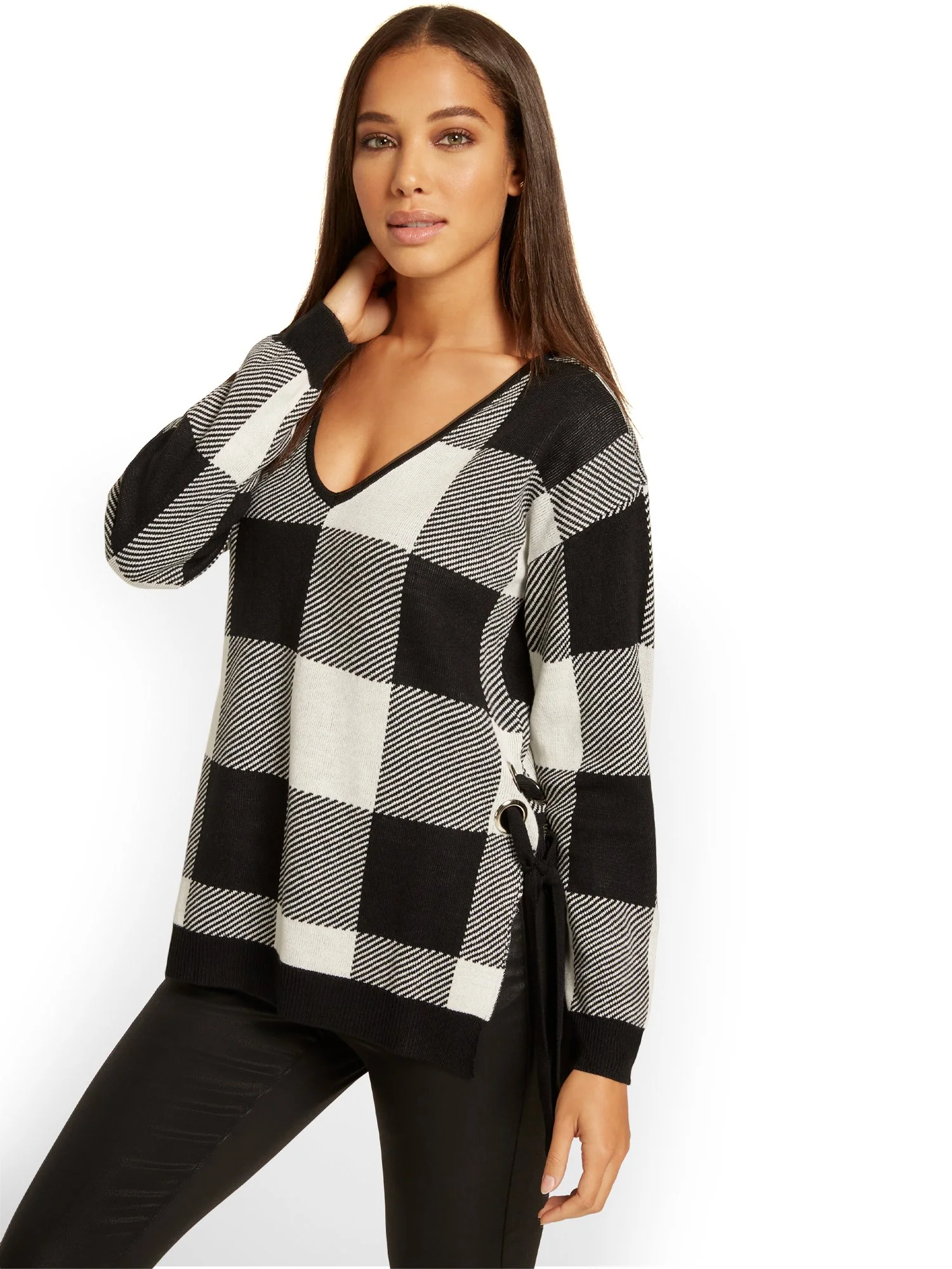 Plaid Lace-Up Side Tunic Sweater - Image 2