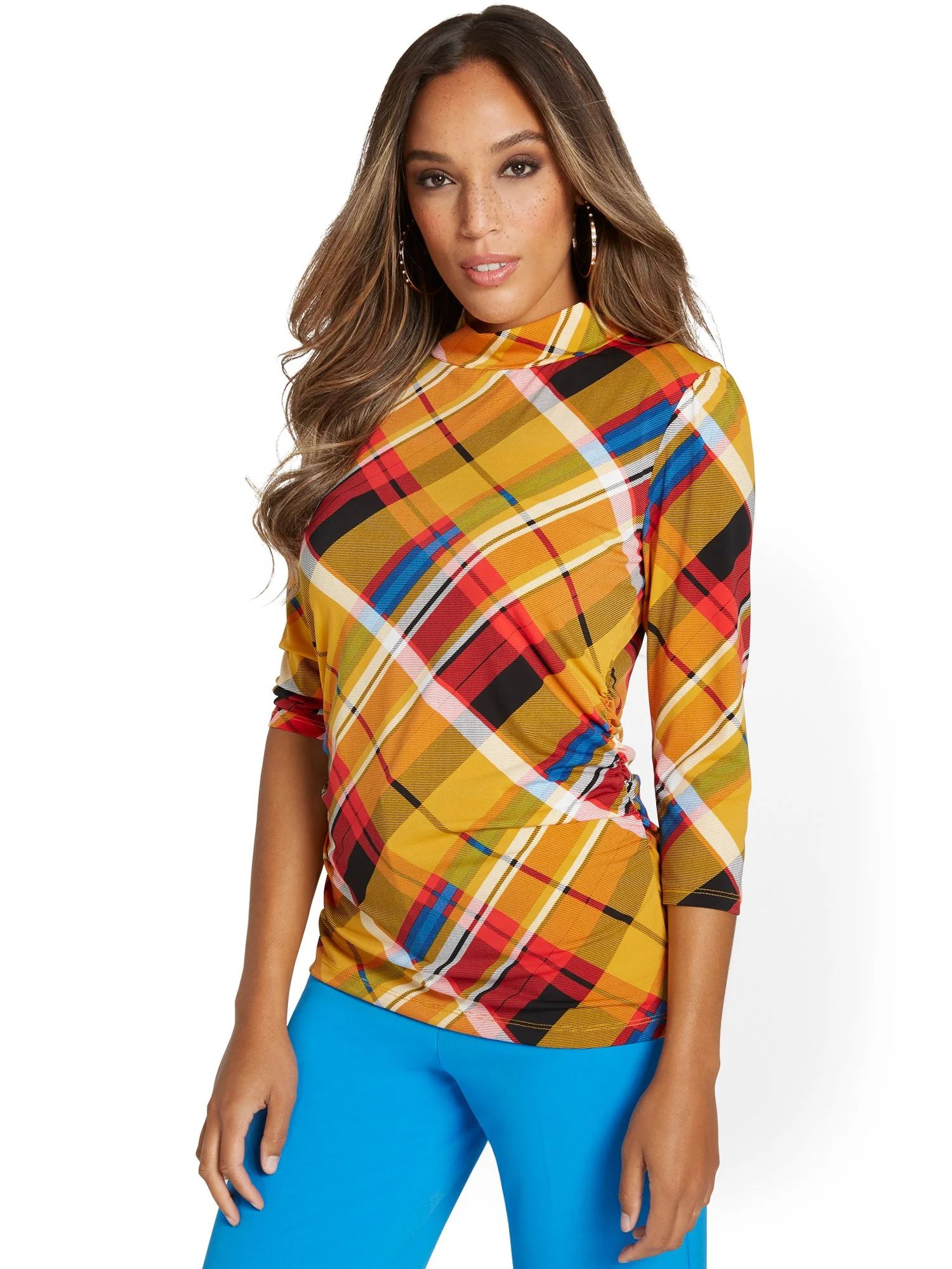 Plaid Mock-Neck Knit Top - Image 2