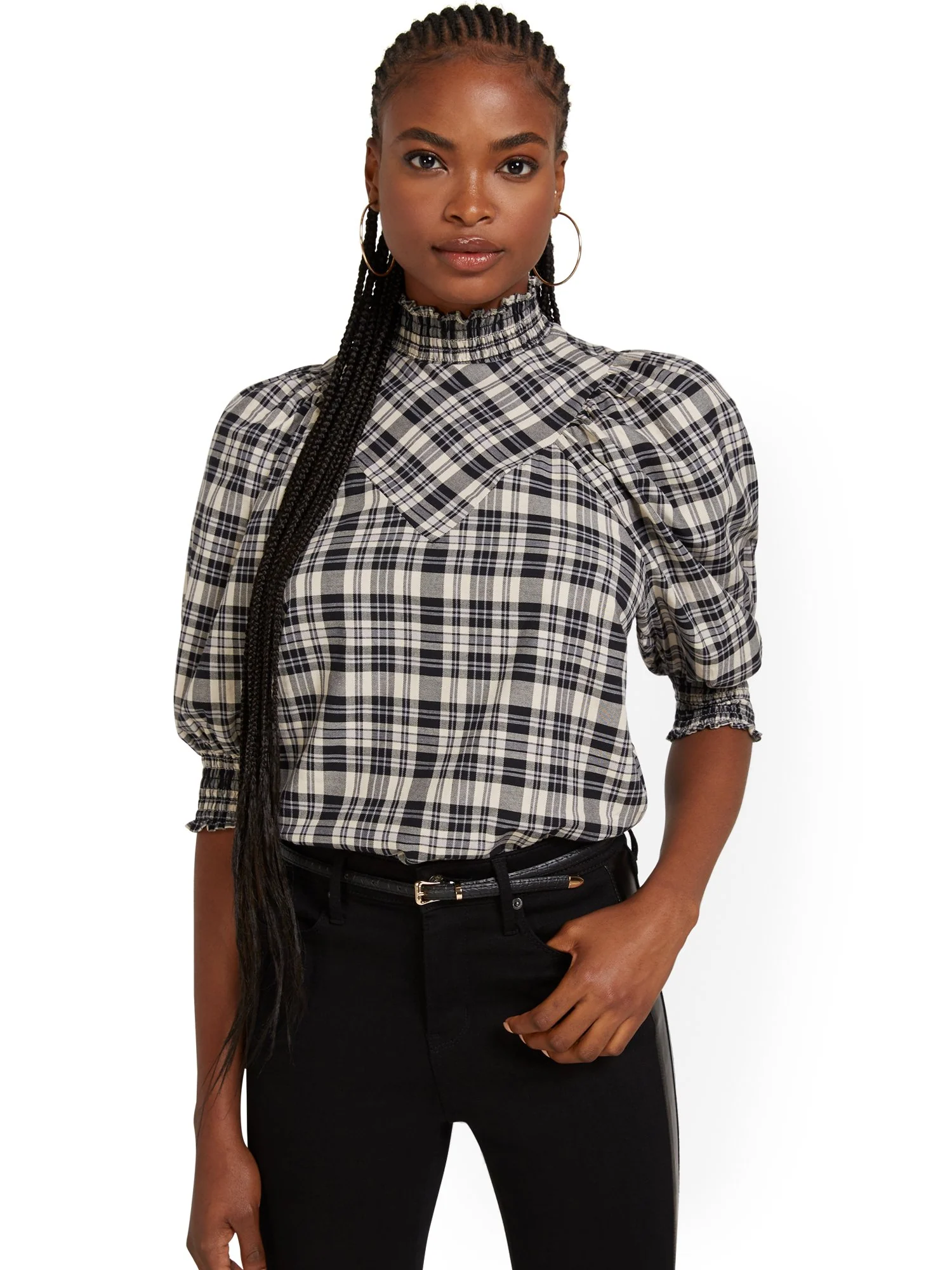 Plaid Mock-Neck Top