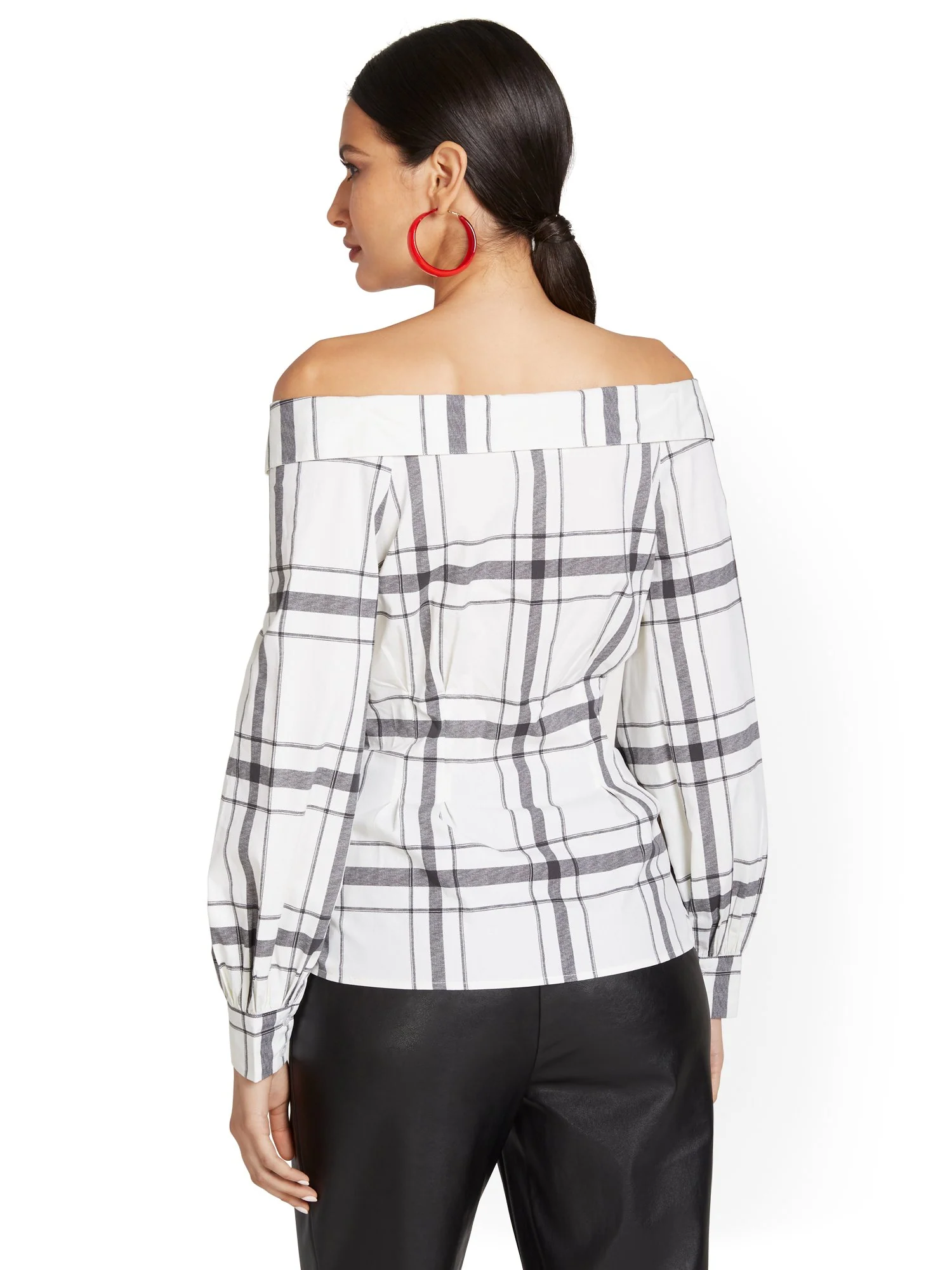 Plaid Off-The-Shoulder Poplin Top - Image 3