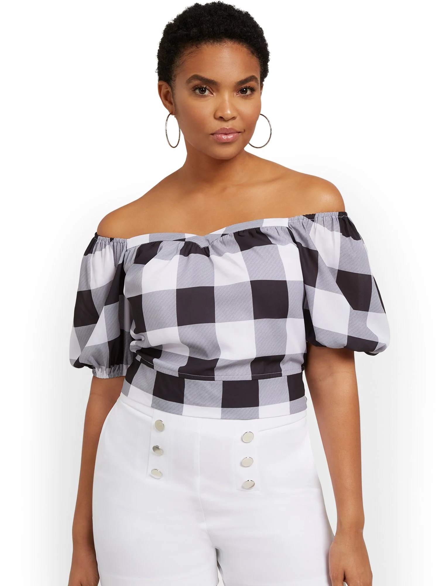 Plaid Off-The-Shoulder Tie-Back Blouse - Image 2