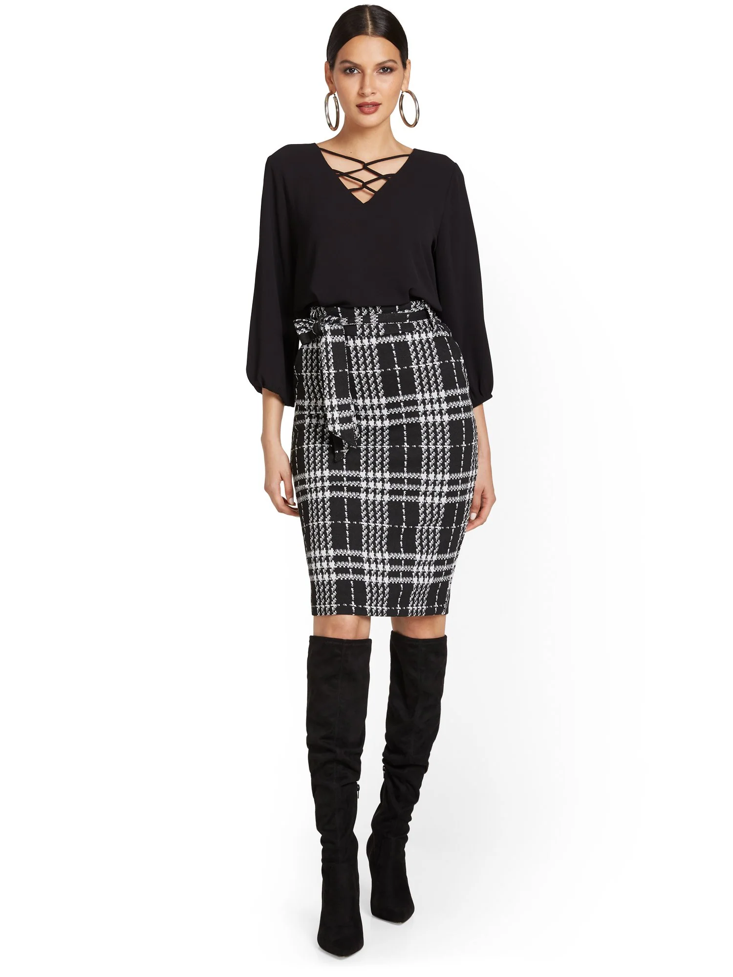 Plaid Paperbag-Waist Pencil Skirt - Image 4