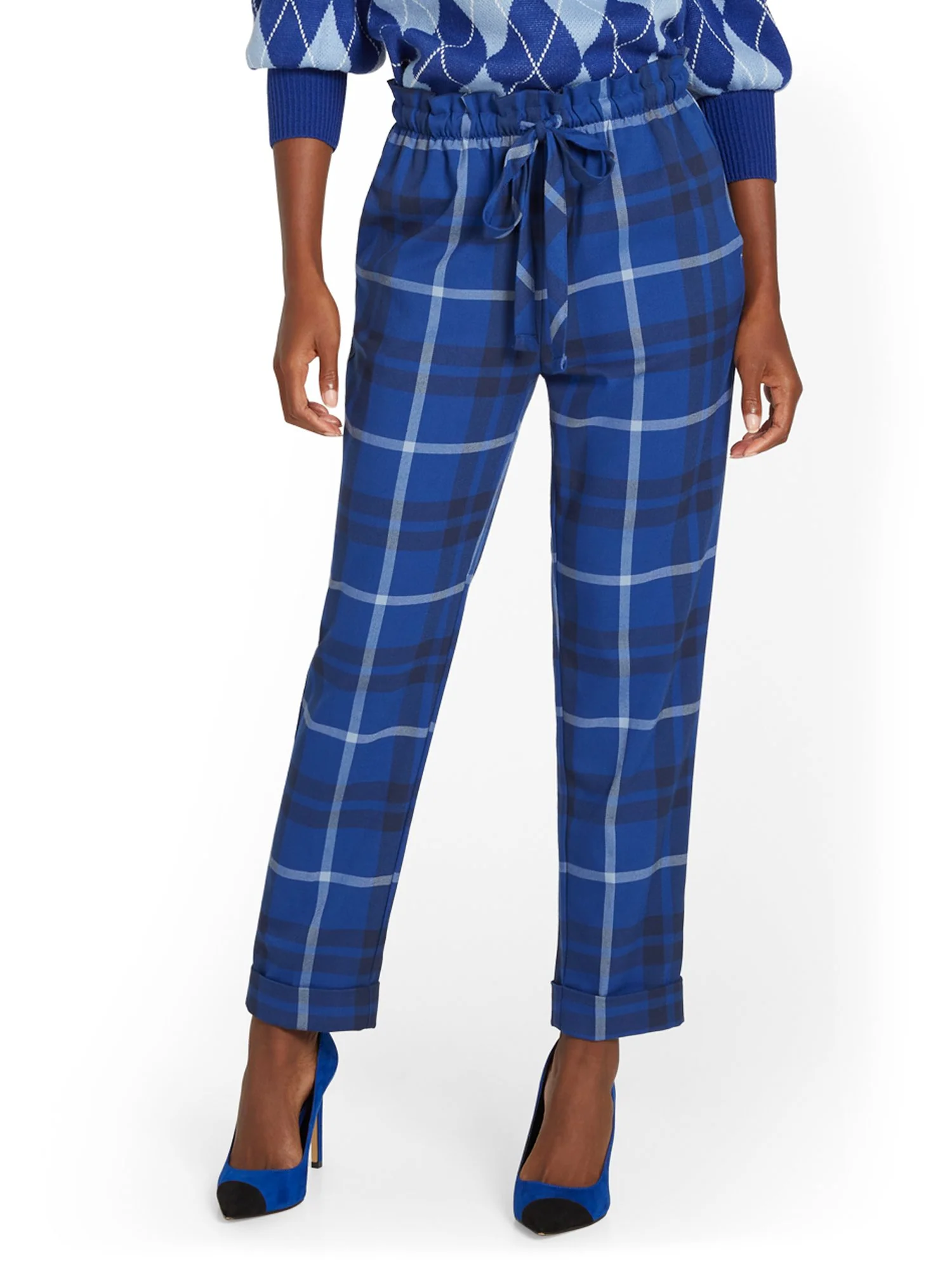Plaid Paperbag-Waist Straight-Leg Ankle Pant