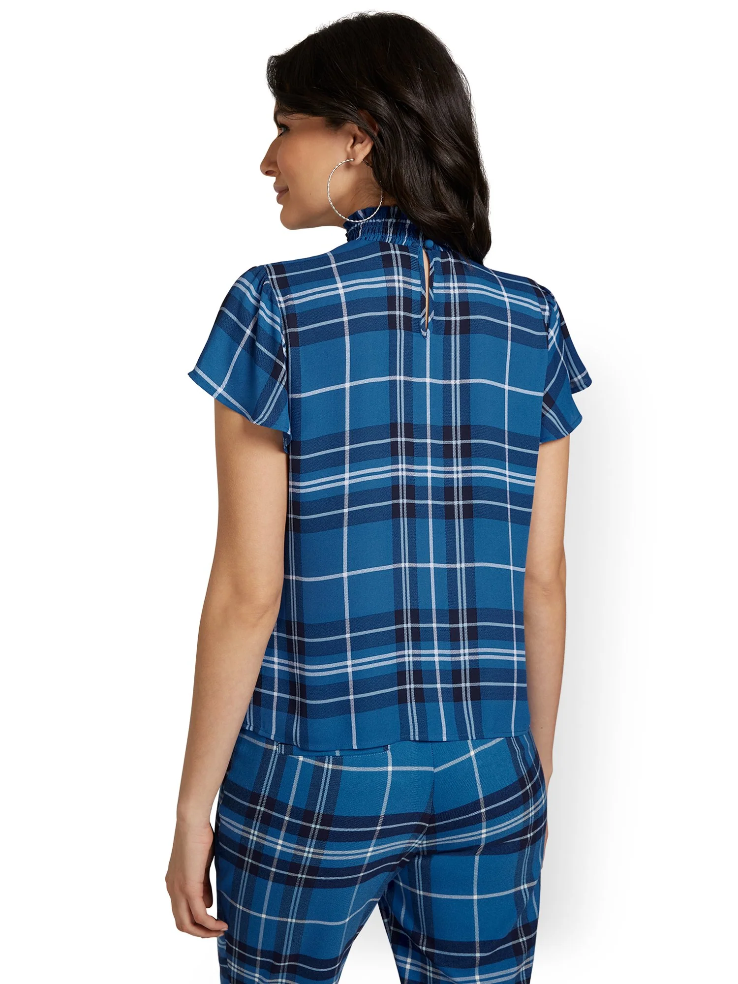 Plaid Smock-Neck Cut-Out Blouse - Image 3