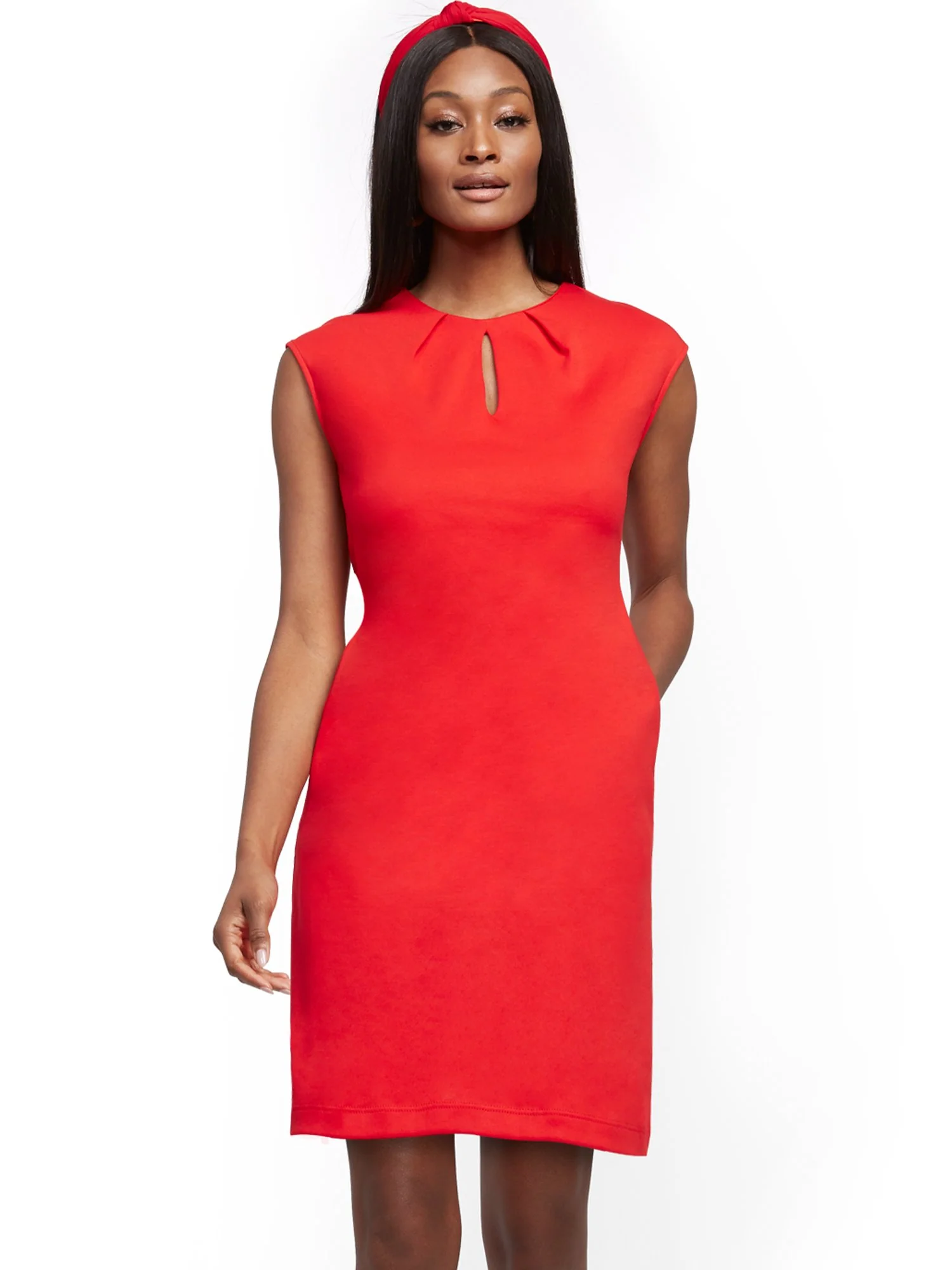 Pleated Cotton Keyhole Shift Dress - Image 26