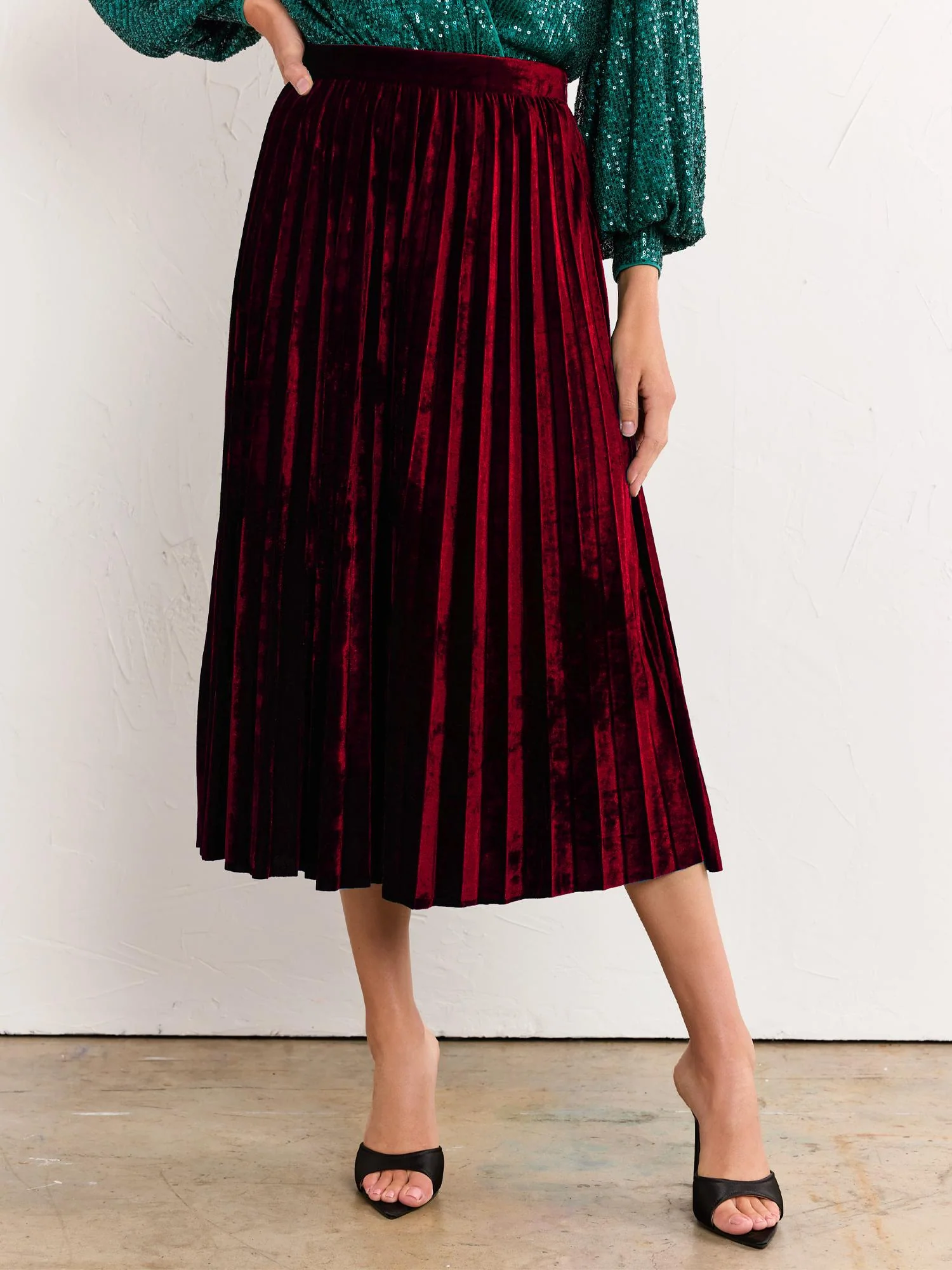 Pleated Velvet Midi Skirt - Flying Tomato - Image 8
