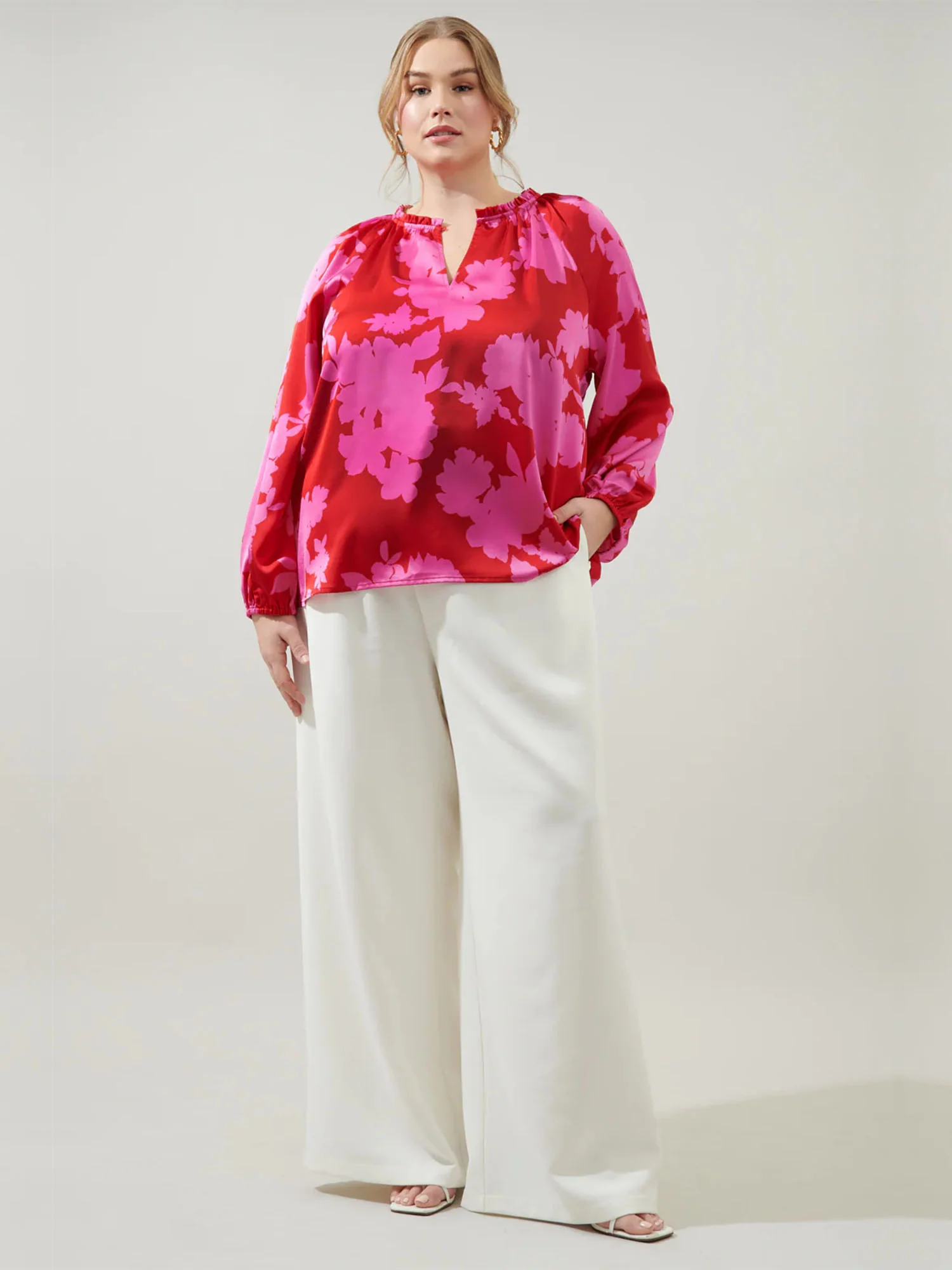 Sugarlips Plus Long Sleeve Bold Floral Satin Blouse - Brands We Love - Image 2