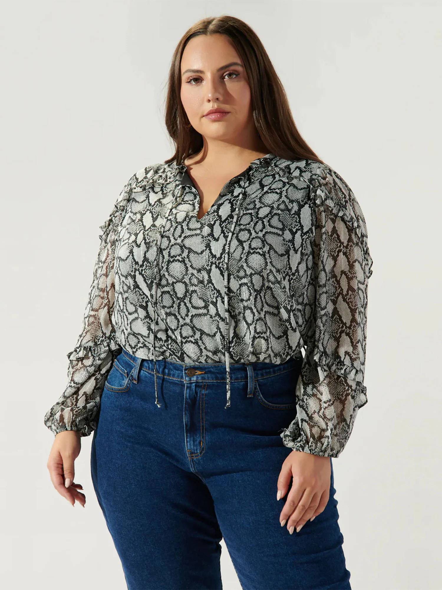 Sugarlips Plus Long Sleeve Sheer Snake Print Blouse - Brands We Love