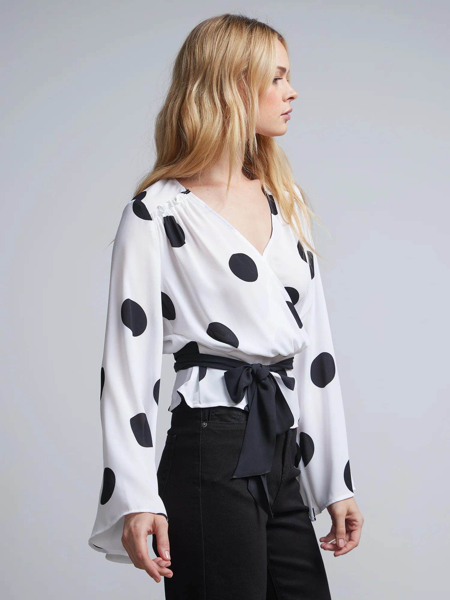 Polka-Dot Bell-Sleeve Tie-Waist Blouse - Image 2