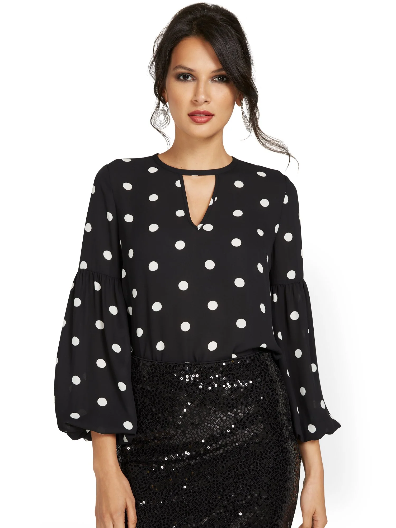Polka-Dot Keyhole-Cutout Blouse - Image 2