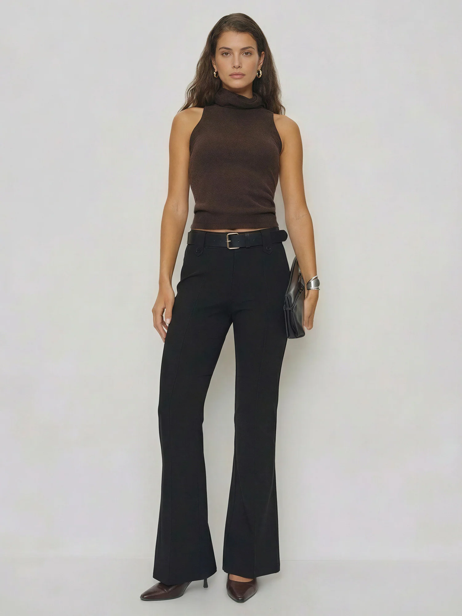 Ponte High Rise Flare Pants With Belt
