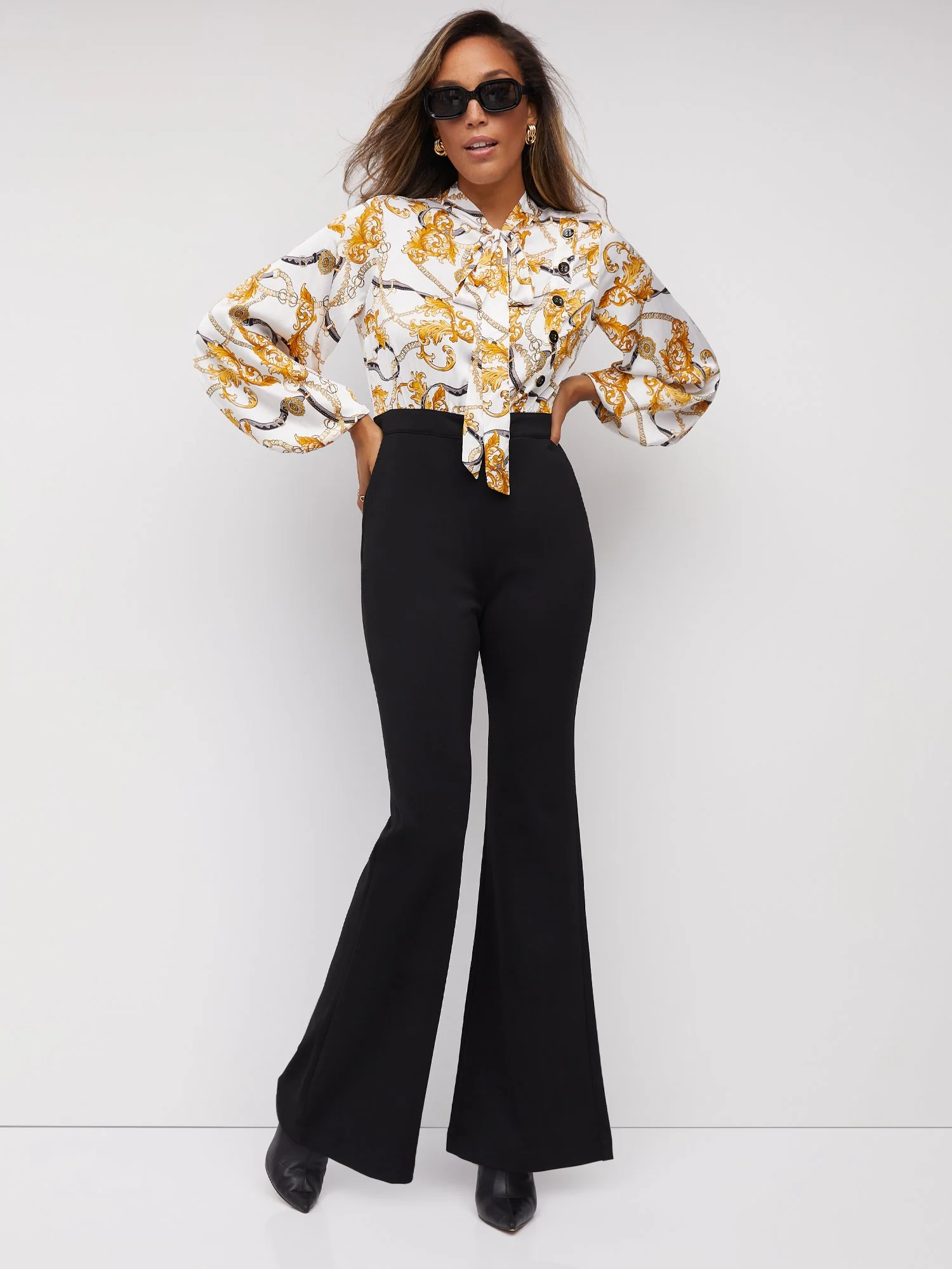 Printed Balloon-Sleeve Flare Jumpsuit - Superflex