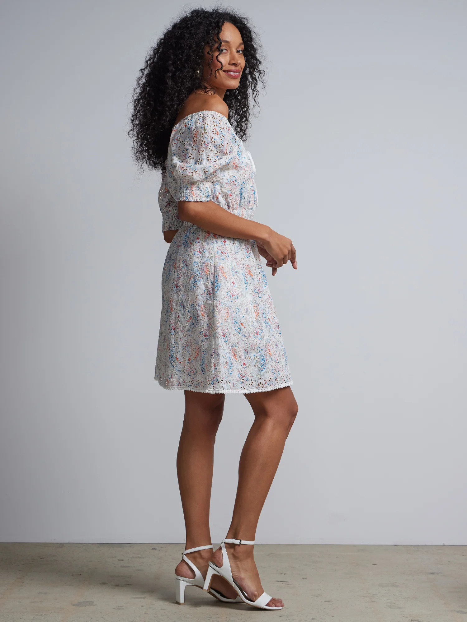 Printed Off-The-Shoulder Puff-Sleeve Shift Dress - Image 2