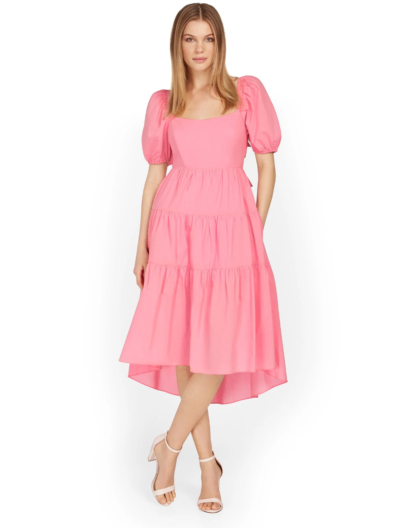 Puff-Sleeve Bow-Back Poplin Midi Dress - Mustard Seed - Image 4