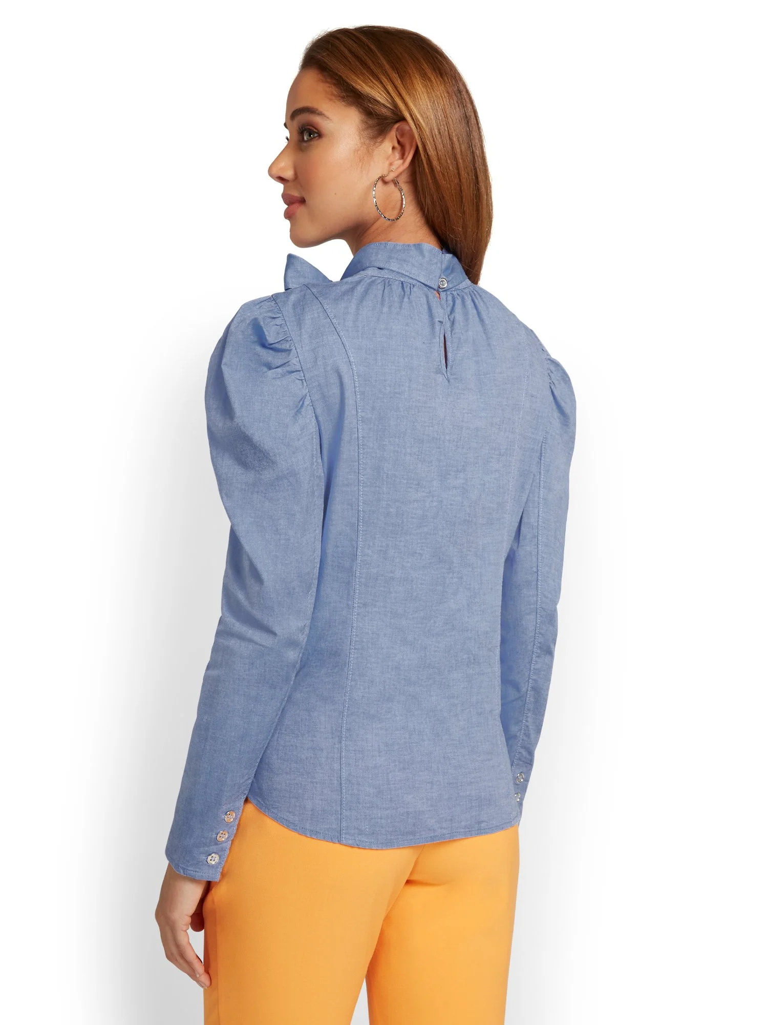 Puff-Sleeve Bow-Neck Chambray Top - Image 3