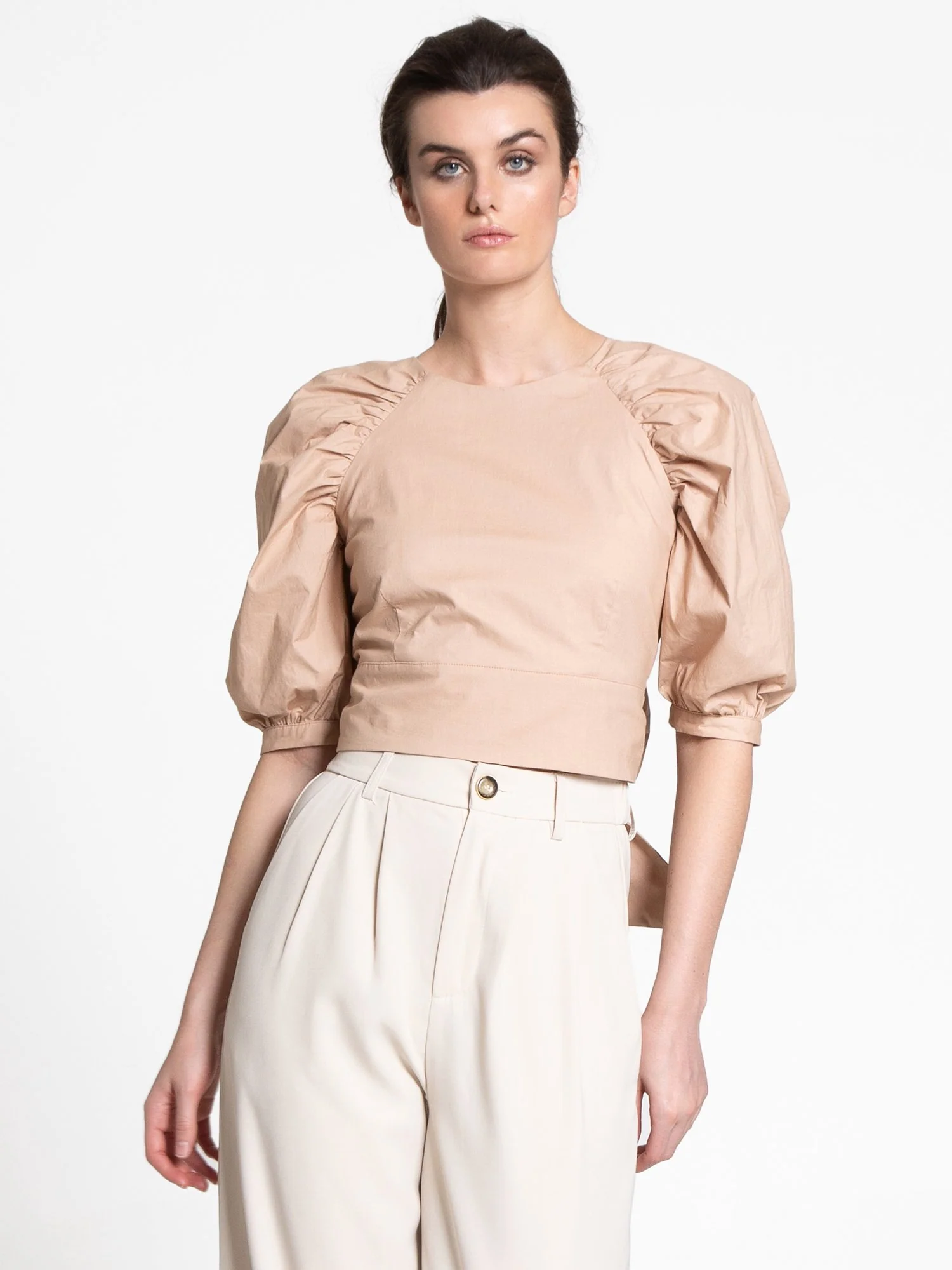 Puff-Sleeve Bow Tie Poplin Top - Do+Be - Image 6