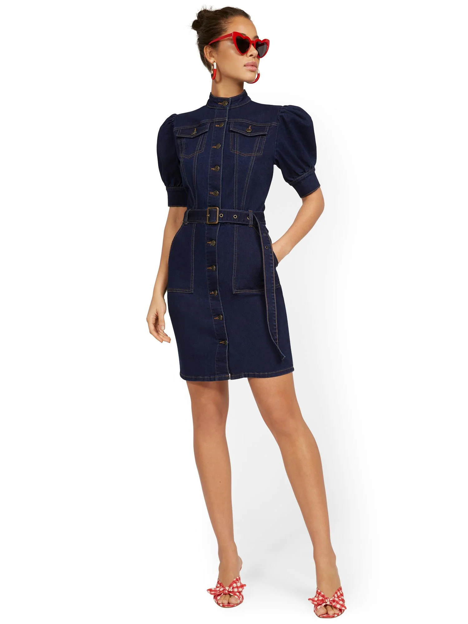 Puff-Sleeve Denim Utility Dress - Image 2