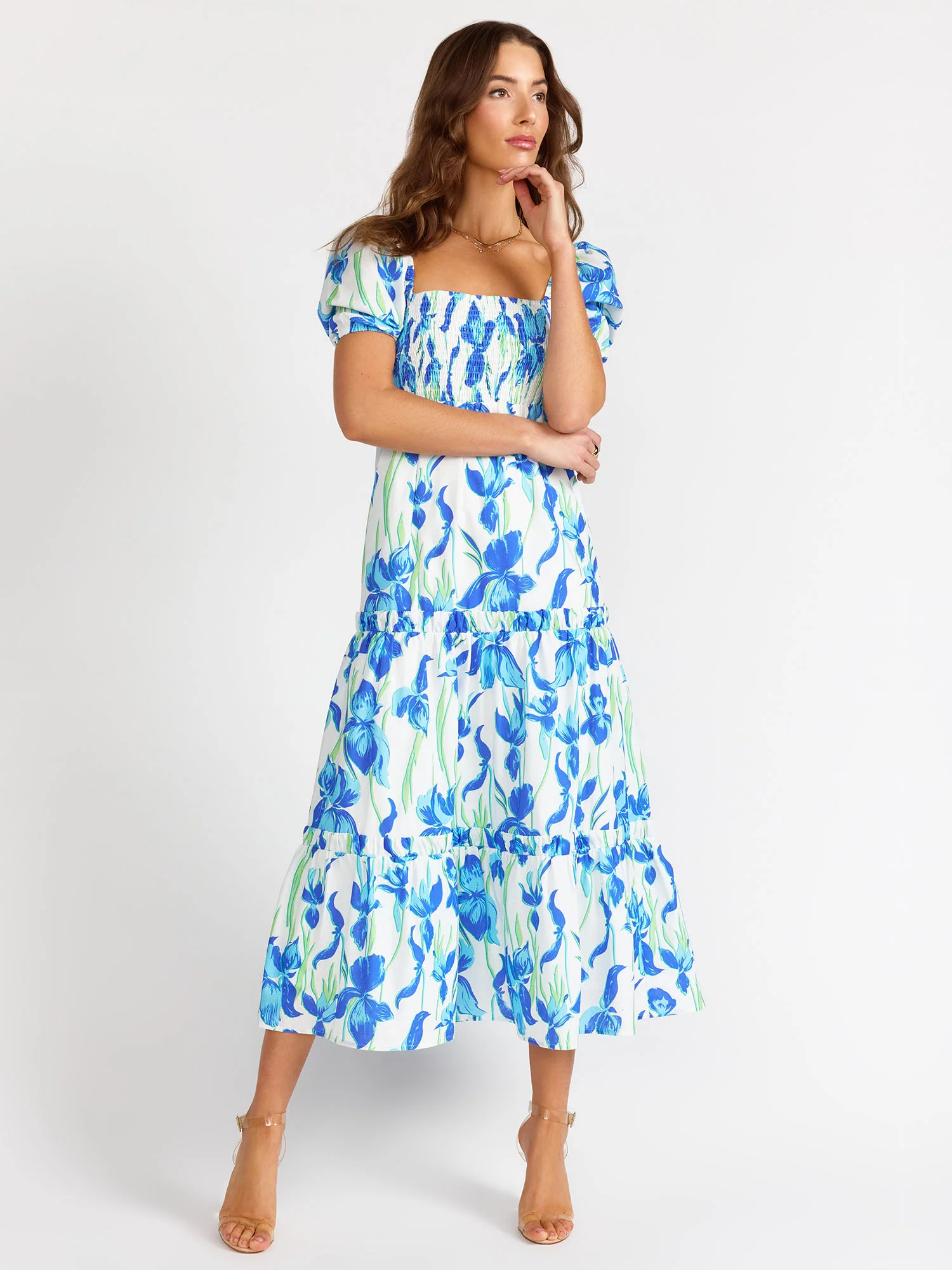 Puff Sleeve Floral Smocked Midi Dress - Lena