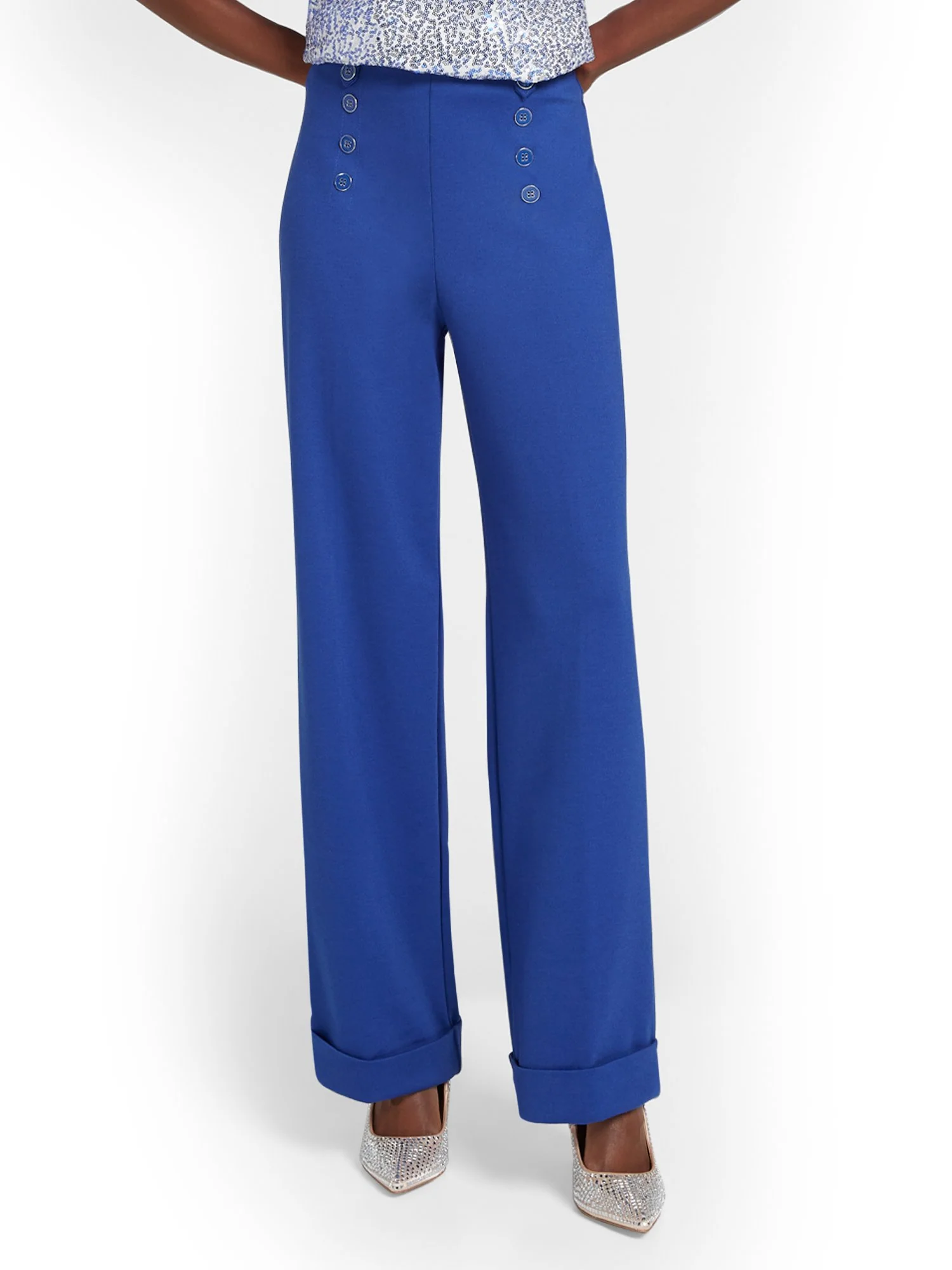 Pull-On Button-Front Wide-Leg Ponte Pant - Superflex - Image 8