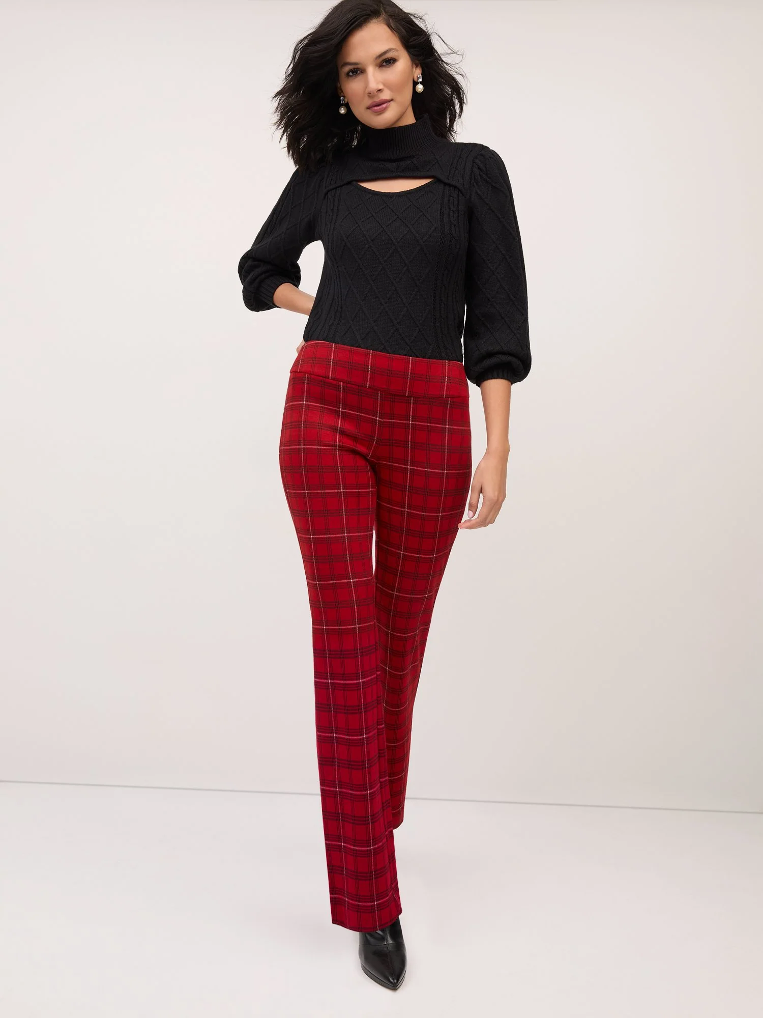 Pull-On Mid-Rise Plaid Bootcut Ponte Pant - Superflex