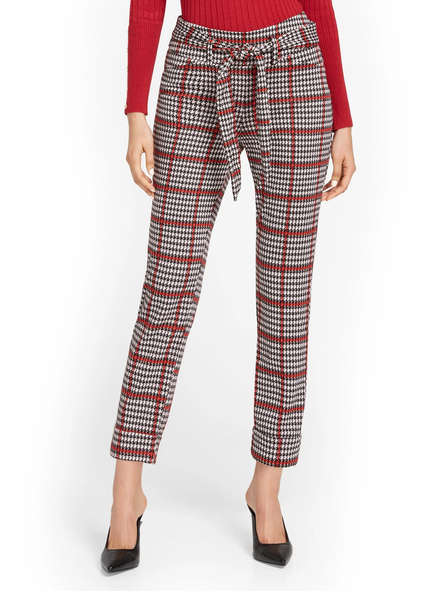 Pull-On Plaid Belted Straight-Leg Ankle Ponte Pant - Superflex - Image 2
