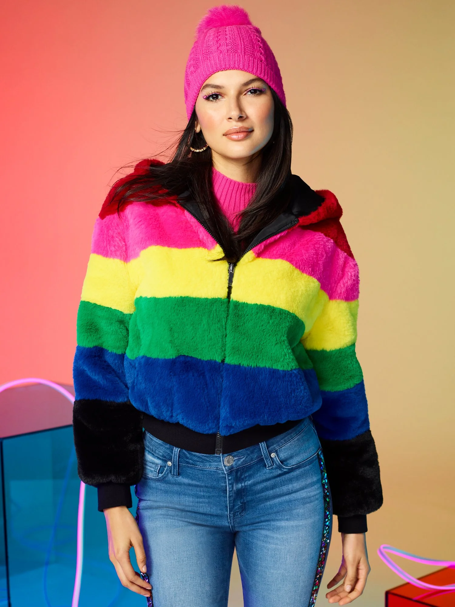 Rainbow Reversible Hooded Faux-Fur Jacket - Image 2