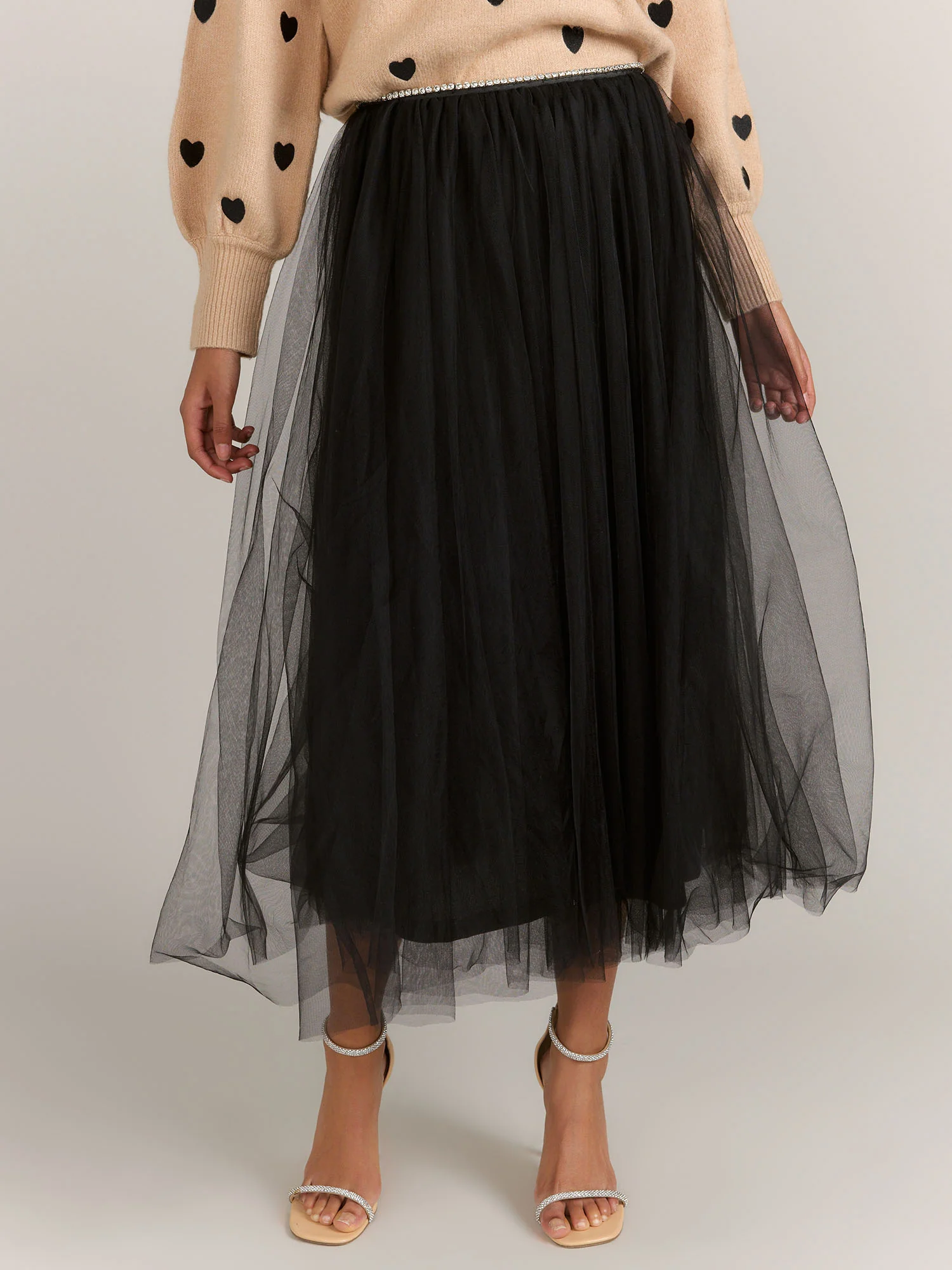 Vine Tree Rhinestone Trim Tulle Midi Skirt - Brands We Love