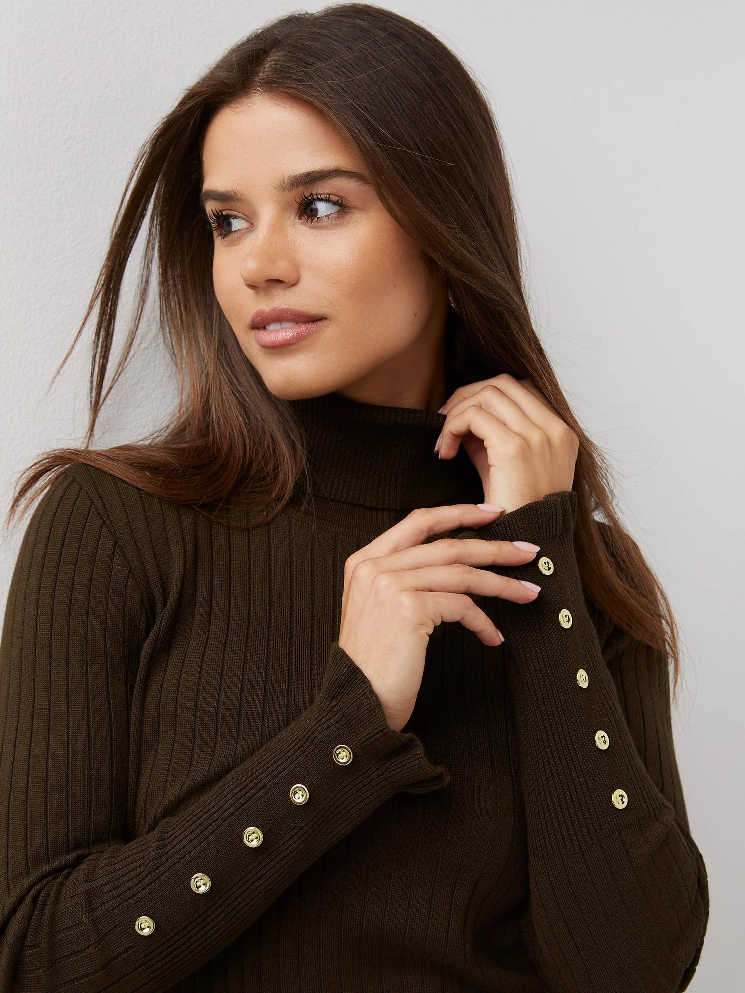 Ribbed Button-Sleeve Turtleneck Sweater - Image 35