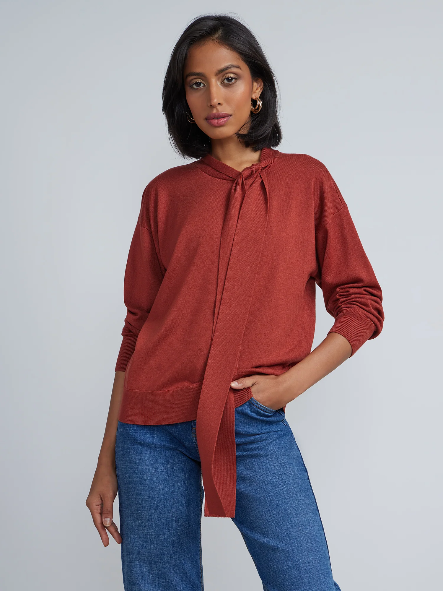 Ribbed Cuff Tie-Neck Pullover - Image 5