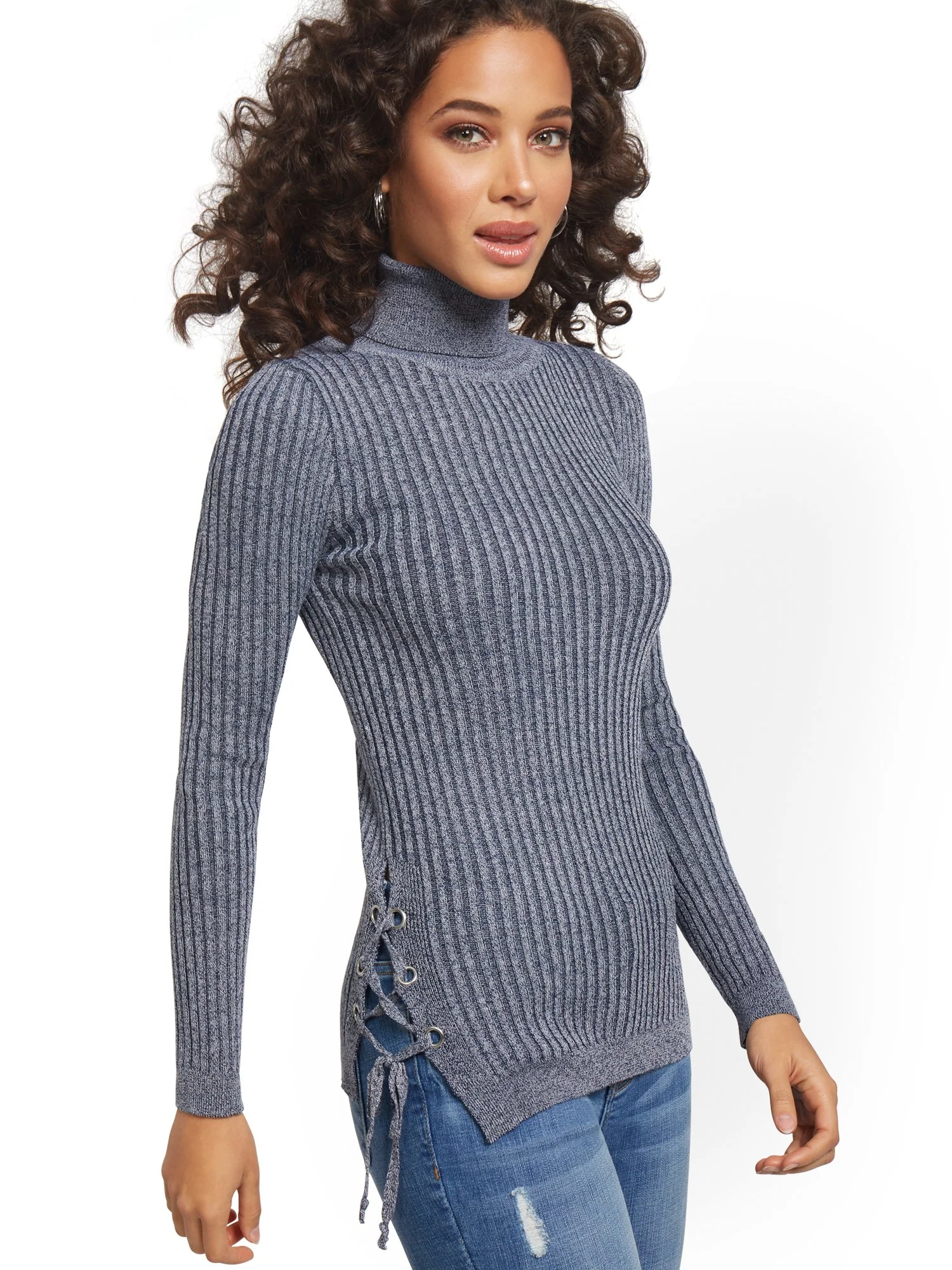 Ribbed Lace-Up Turtleneck Sweater - Image 5